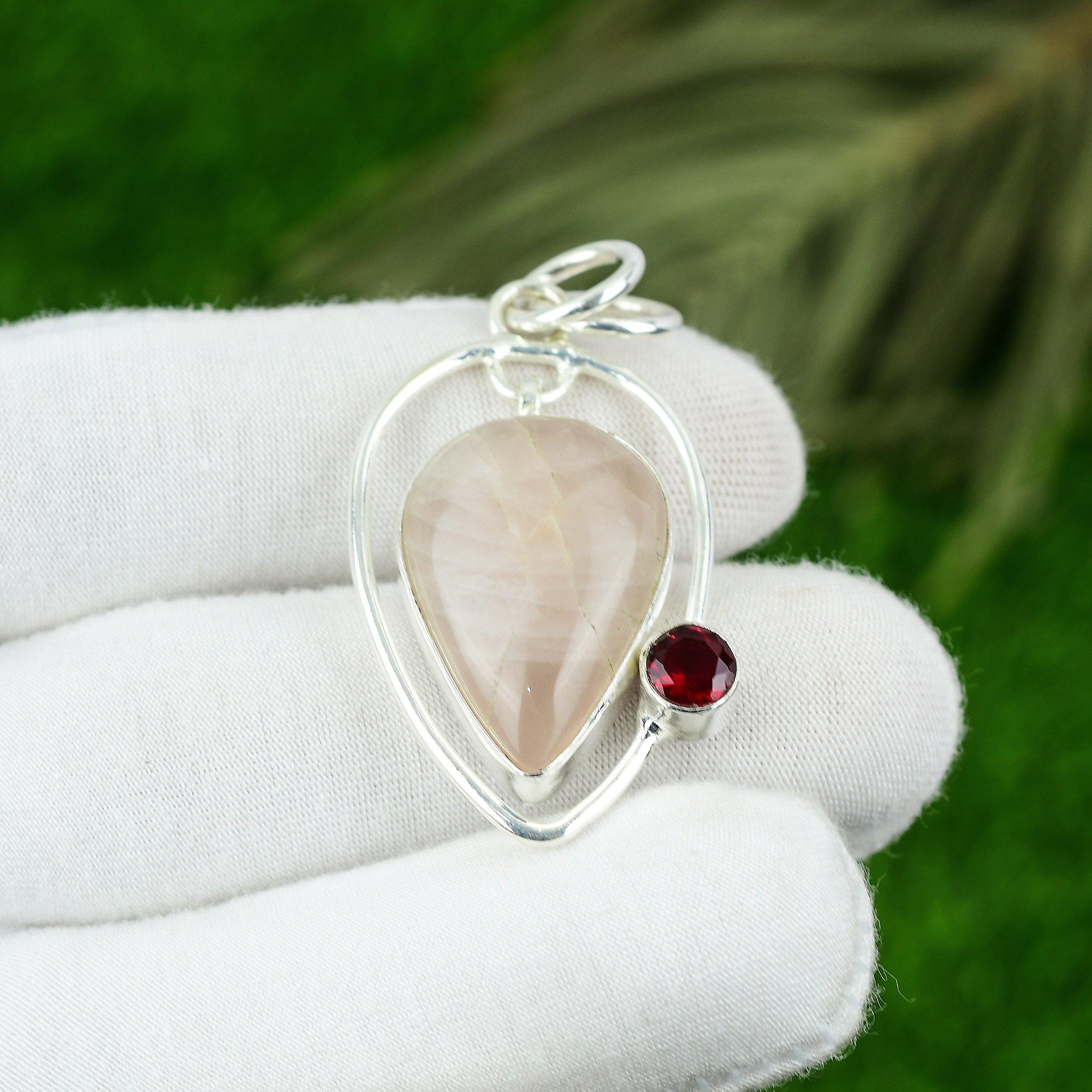 925 Silver Pear Rose Quartz Stone Rubillite Heart Chakra Wife Pendant Jewelry