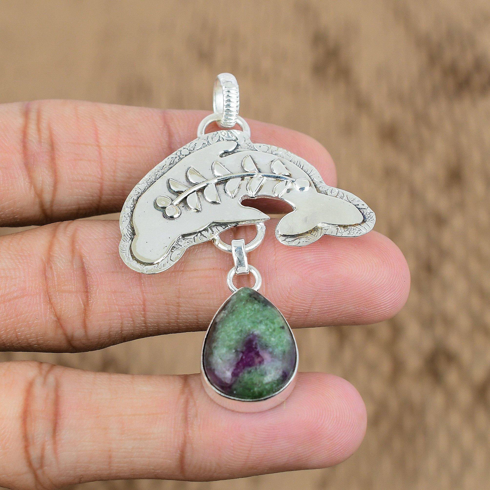 Natural Ruby Zoisite Gemstone Jewelry 925 Sterling Silver Pendant Fish For Women