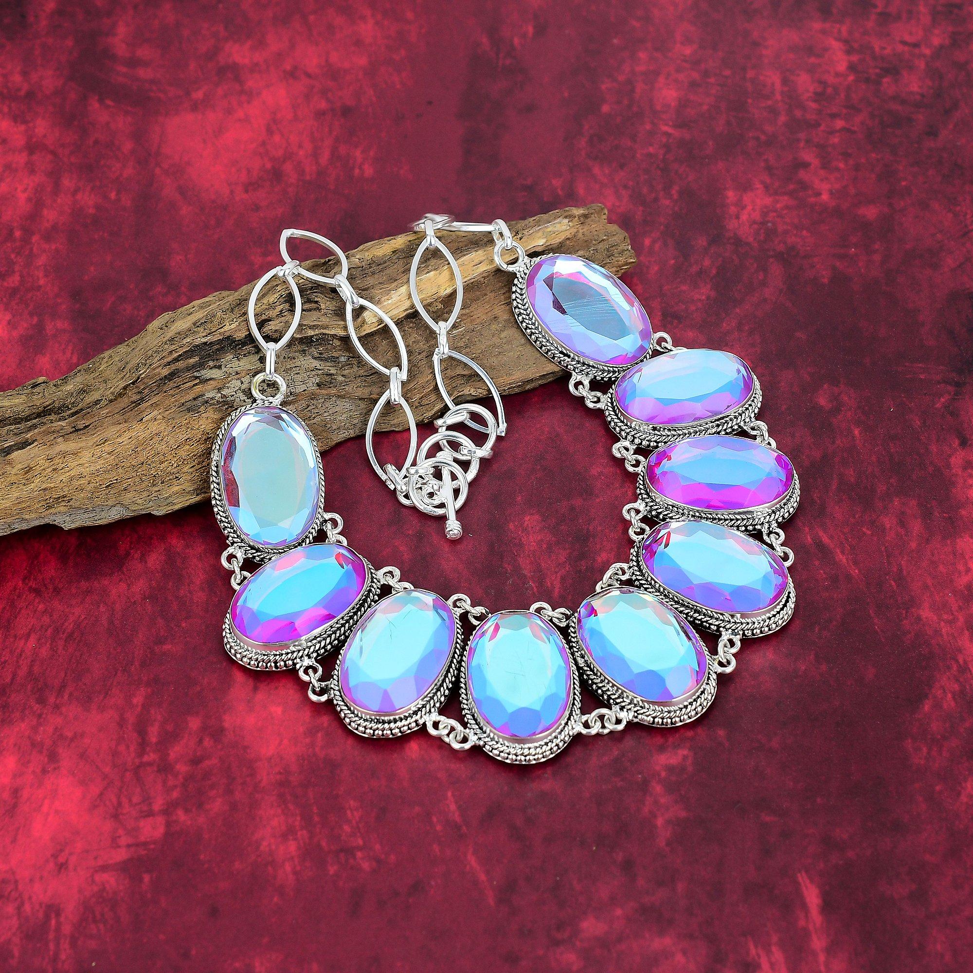 Faceted Mystic Topaz 925 Solid Sterling Silver Necklace with Adjustable Chain, Handmade Gemstone Jewelry Necklace For Memorial Day