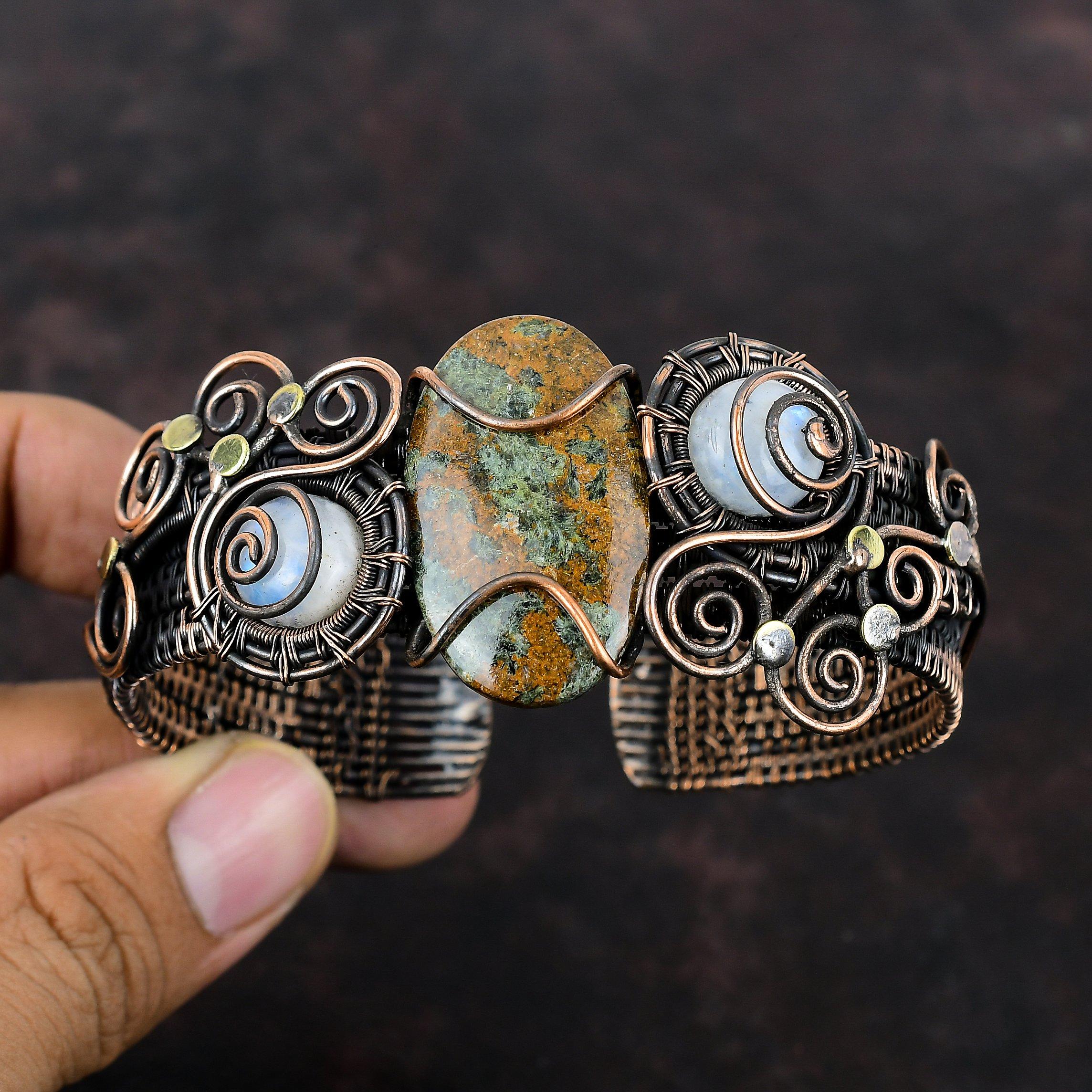 Spessartine Garnet In Limestone Bangle Copper Wire Wrapped Gemstone Cuff Bracelet Rainbow Moonstone Bangle For Gift Handmade Adjustable Cuff