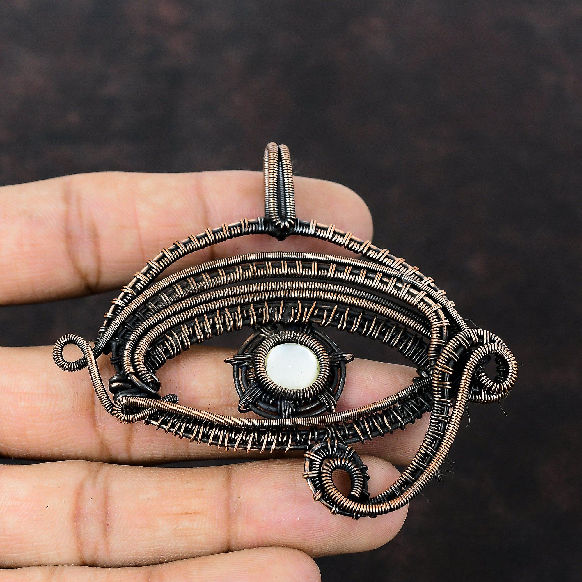 Evil Eye Mother Of Pearl Pendant Copper Wire Wrapped Pendant Evil Eye Jewelry Handmade Pendant Gemstone Pendant Copper Jewelry Gift For Mom