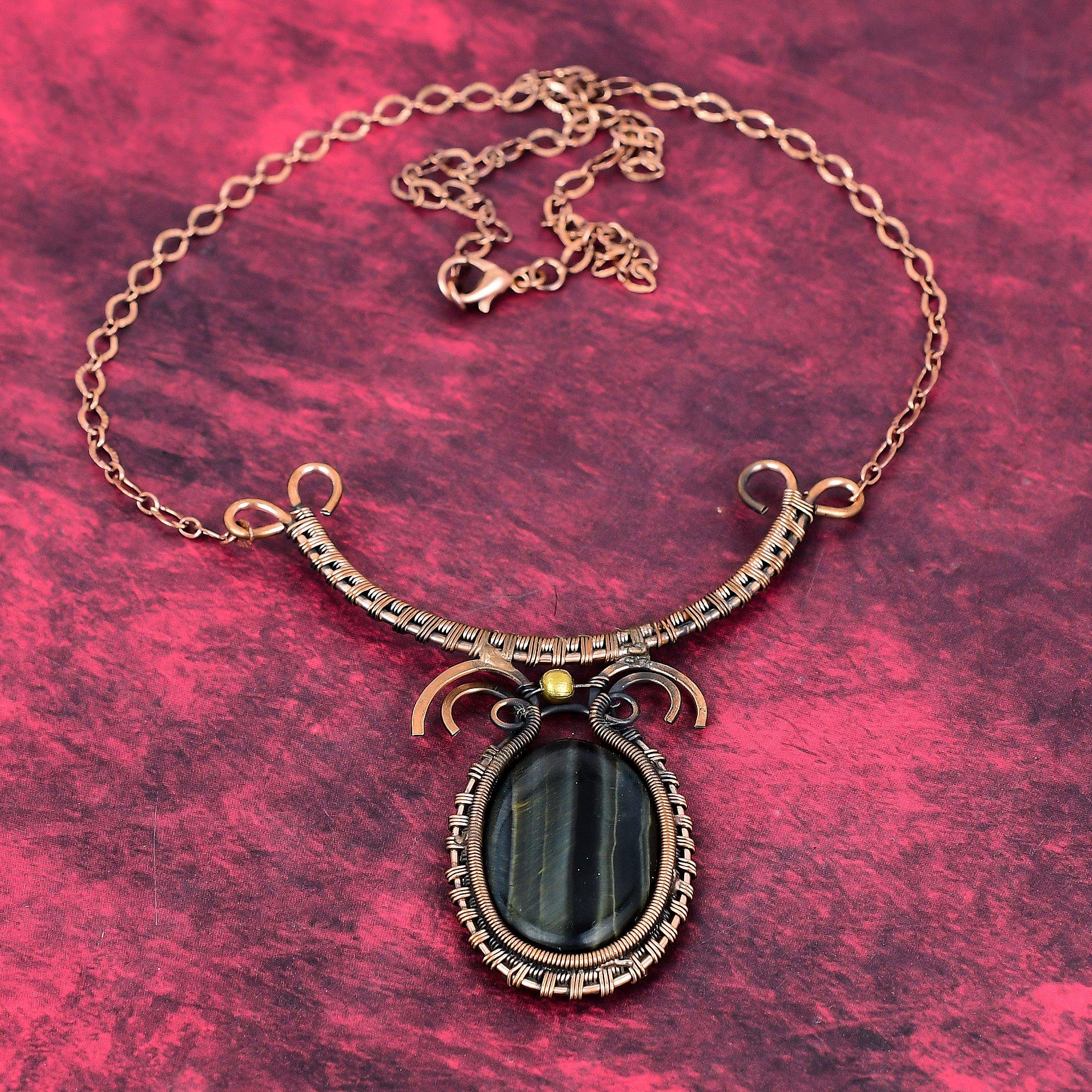 Pietersite Necklace Copper Wire Wrapped Necklace Gemstone Jewelry Adjustable Chain Necklace Copper Jewelry Wedding Gifts Handmade Necklace