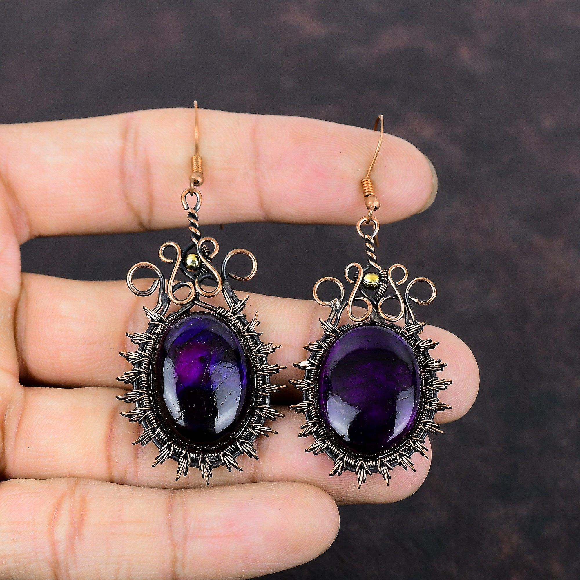 Purple Fire Labradorite Earring Copper Wire Wrapped Earrings Gemstone Jewelry Handmade Earrings Gift For Mom Amazing Earrings Copper Jewelry