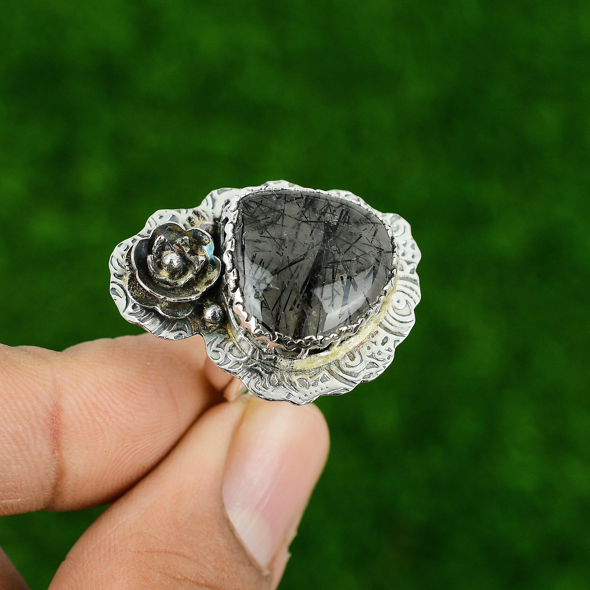 Black Rutile Stone 925 Sterling Silver Bezel Flower Sister Promise Art Deco Ring