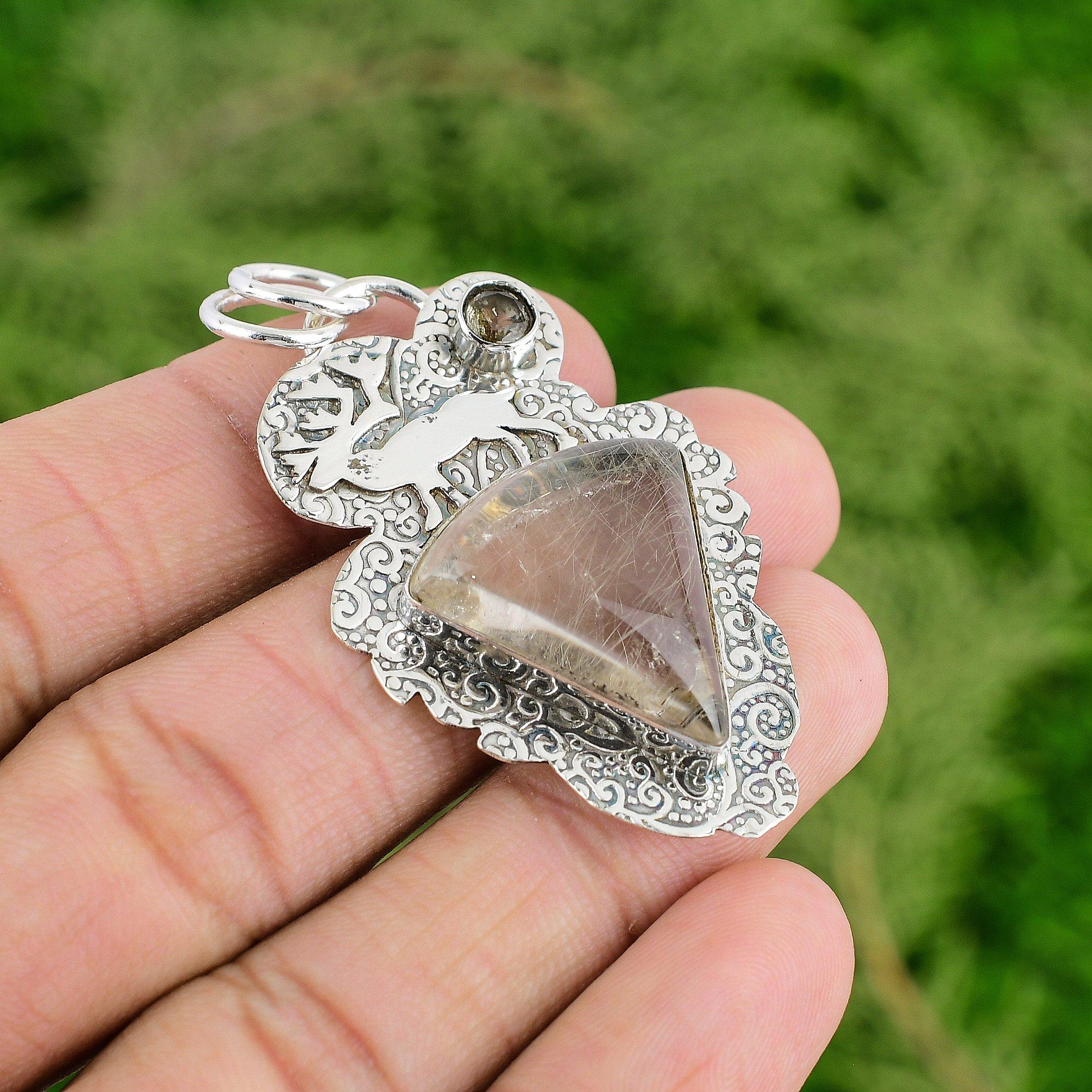 Sterling Silber Natürlicher Goldener Rutil Rauchquarz Lünette Ethnisch Anhänger Schmuck