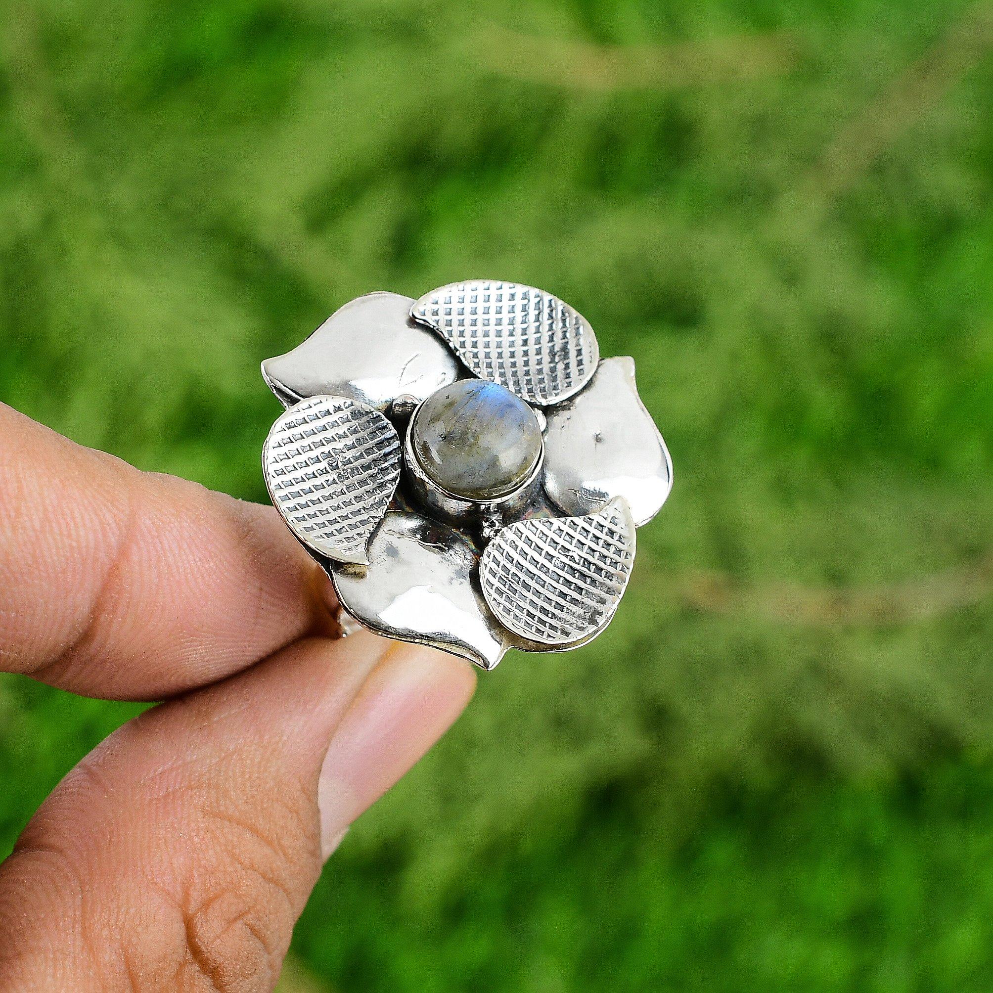 925 Sterling Silver Round Natural Labradorite Multi Stone Statement Flower Ring