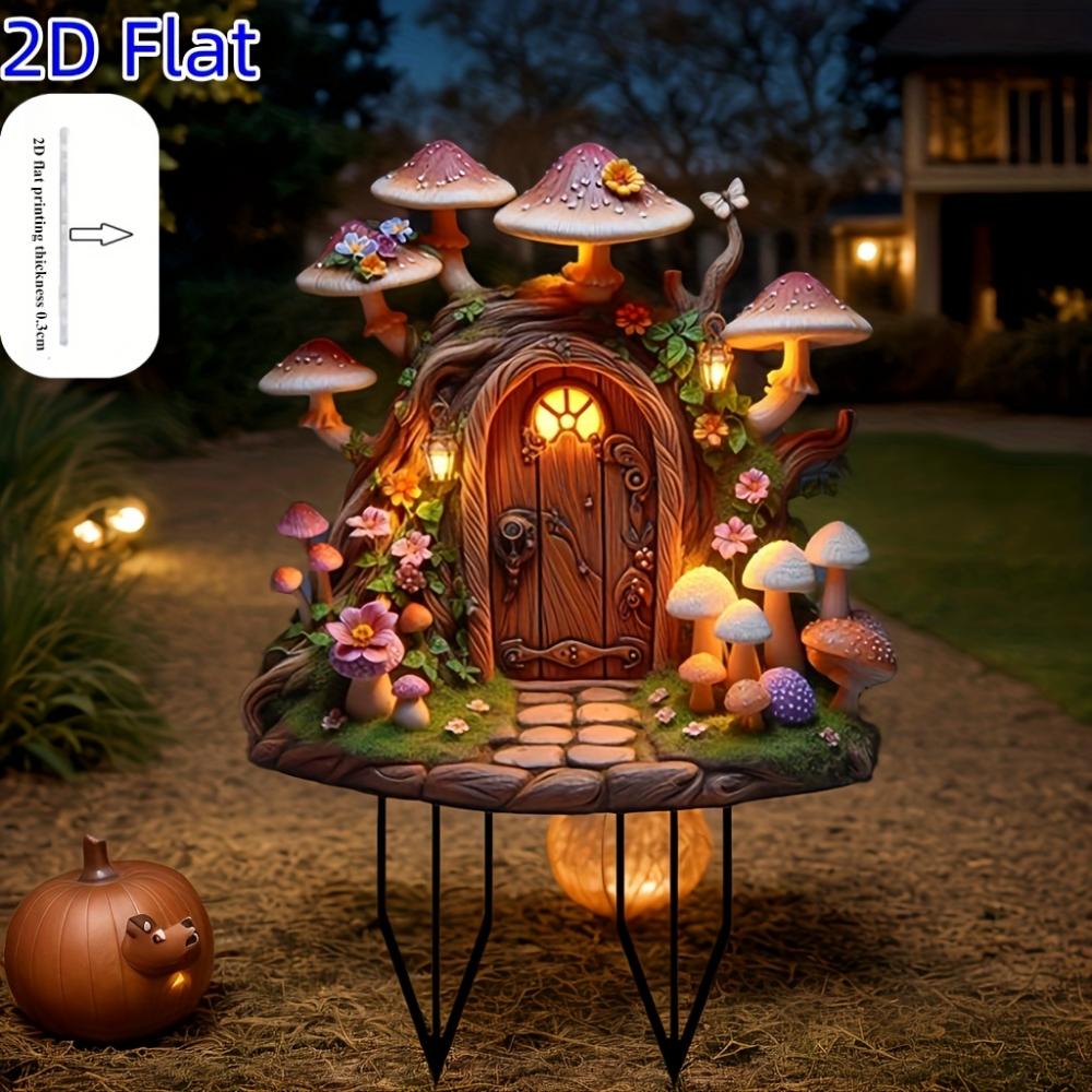 2D Flat Acrylic Fantasy Mushroom House Statue Plug-in, Outdoor Lawn Indoor Plug-in Decoration,  for Family Daily,party,courtyard,lawn and Gardening