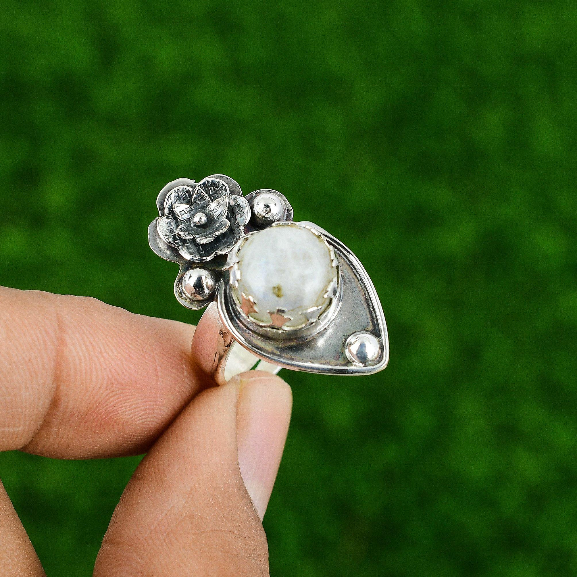 Natural Rainbow Moonstone Promise Flower Adjustable Ring 925 Silver For Women