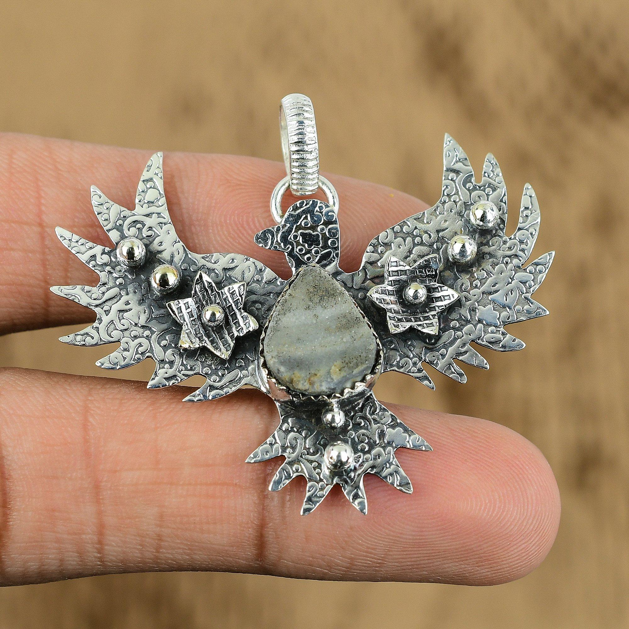 Mothers day Deal Sterling Silver Pear Natural Geode Agate Druzy Eagle Pendant