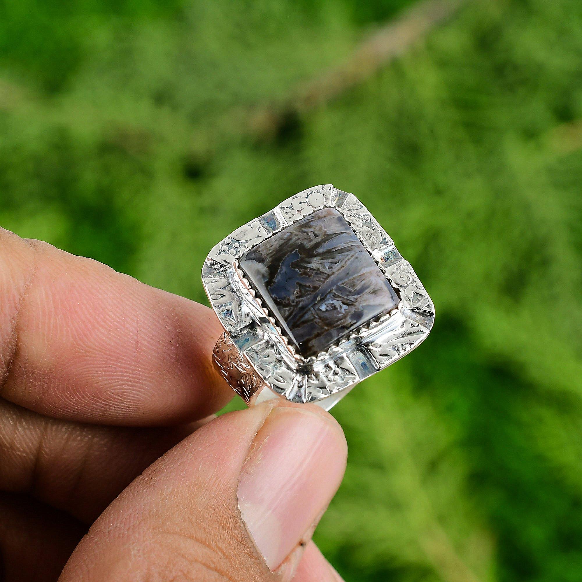 Stick Agate Stone Wife Engagement Unique Promise Bezel Statement Ring 925 Silver