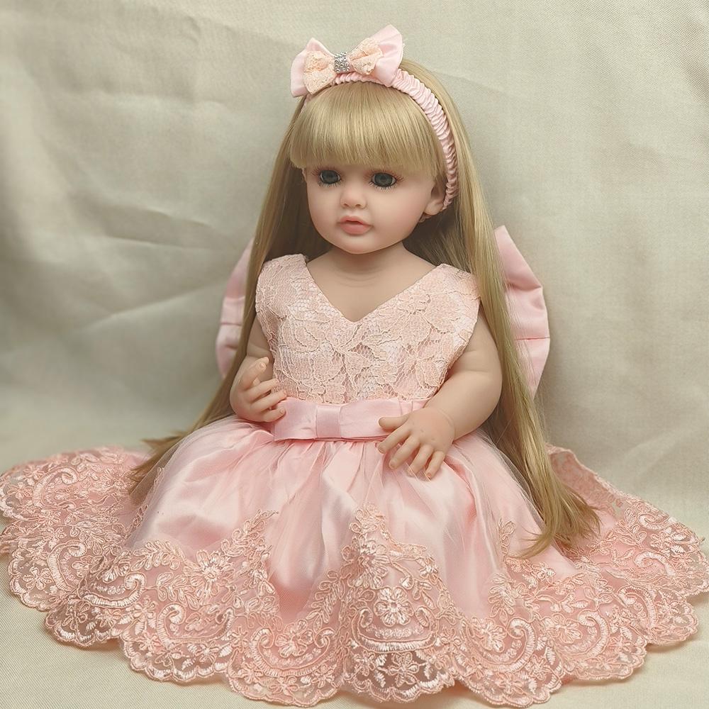 55CM Reborn dziewczynka lalka miękkiego silikonu długie złote włosy realistyczna księżniczka maluch biała suknia ślubna dla dzieci prezent urodzinowy