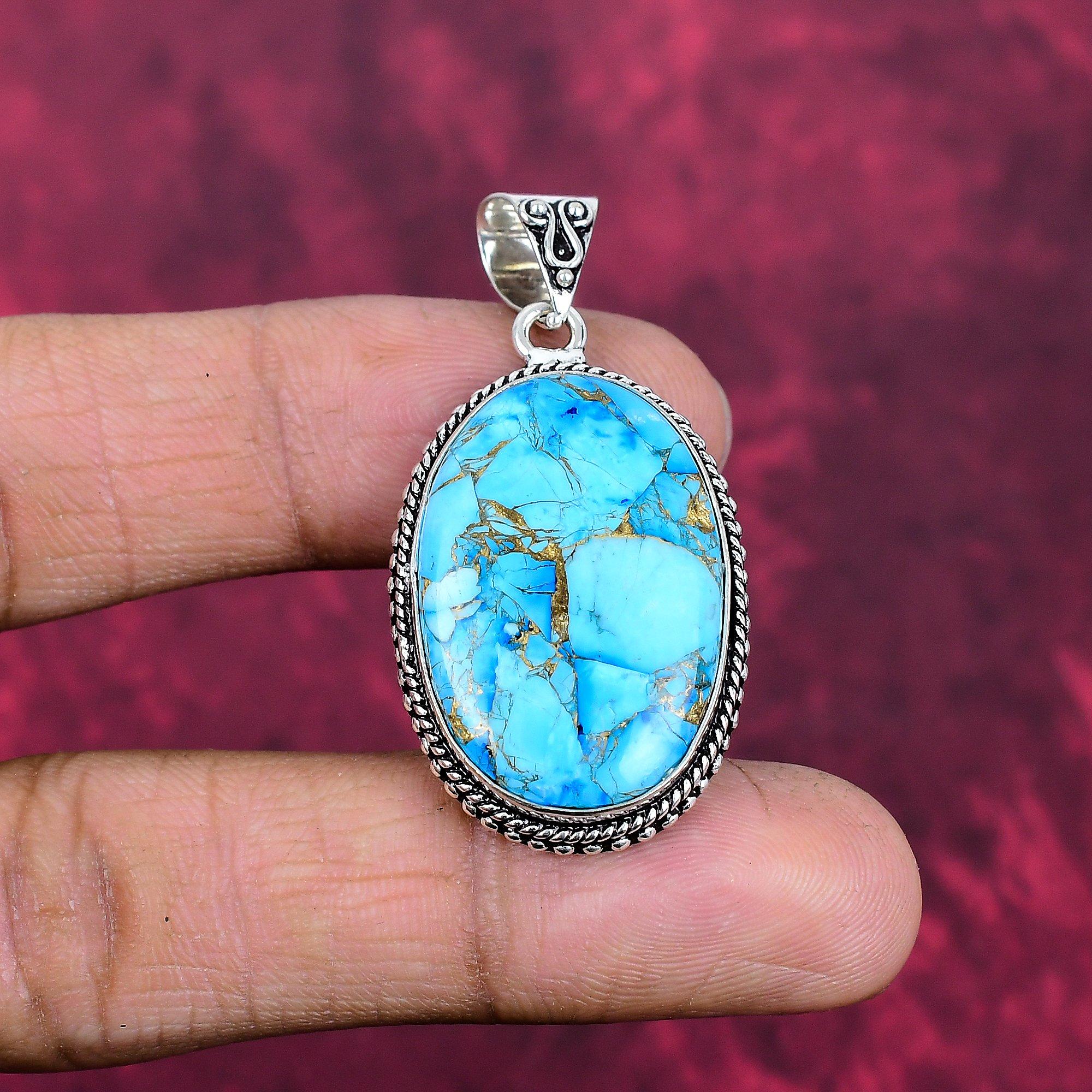 Colgante de piedra preciosa turquesa de cobre azul hecho a mano, colgante de plata de ley maciza 925, joyería antigua, para regalo de compromiso