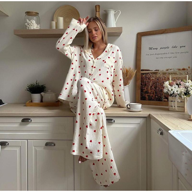 Love Print Cotton Pajamas For Women Single-Breasted Pocket New In Women's Sleepwear 2025 Spring Autumn Lapel Long Sleeve Woman Clothing