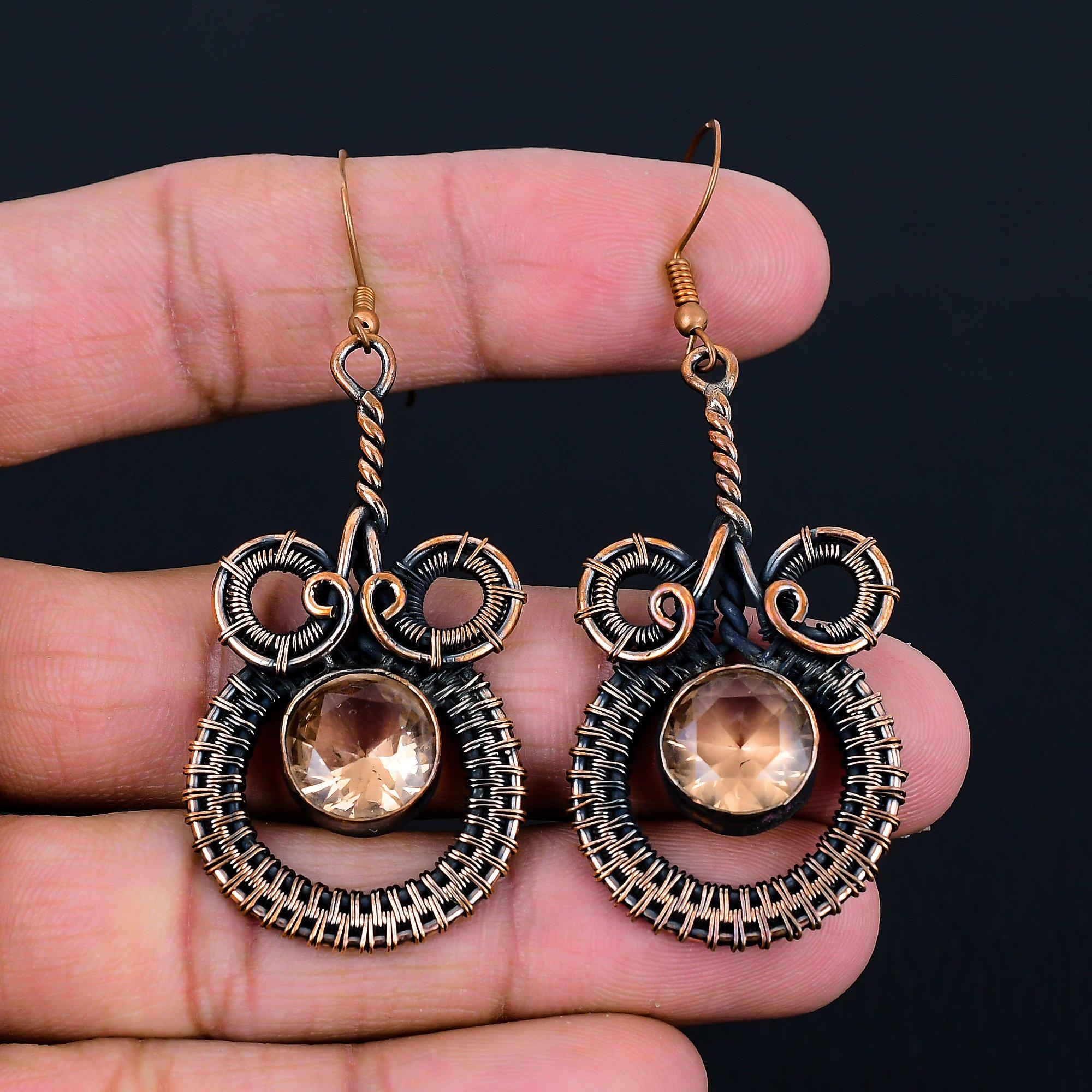 Morganite Gemstone Handmade Pure Copper Wire Wrapped Earring Jewelry For Thanksgiving