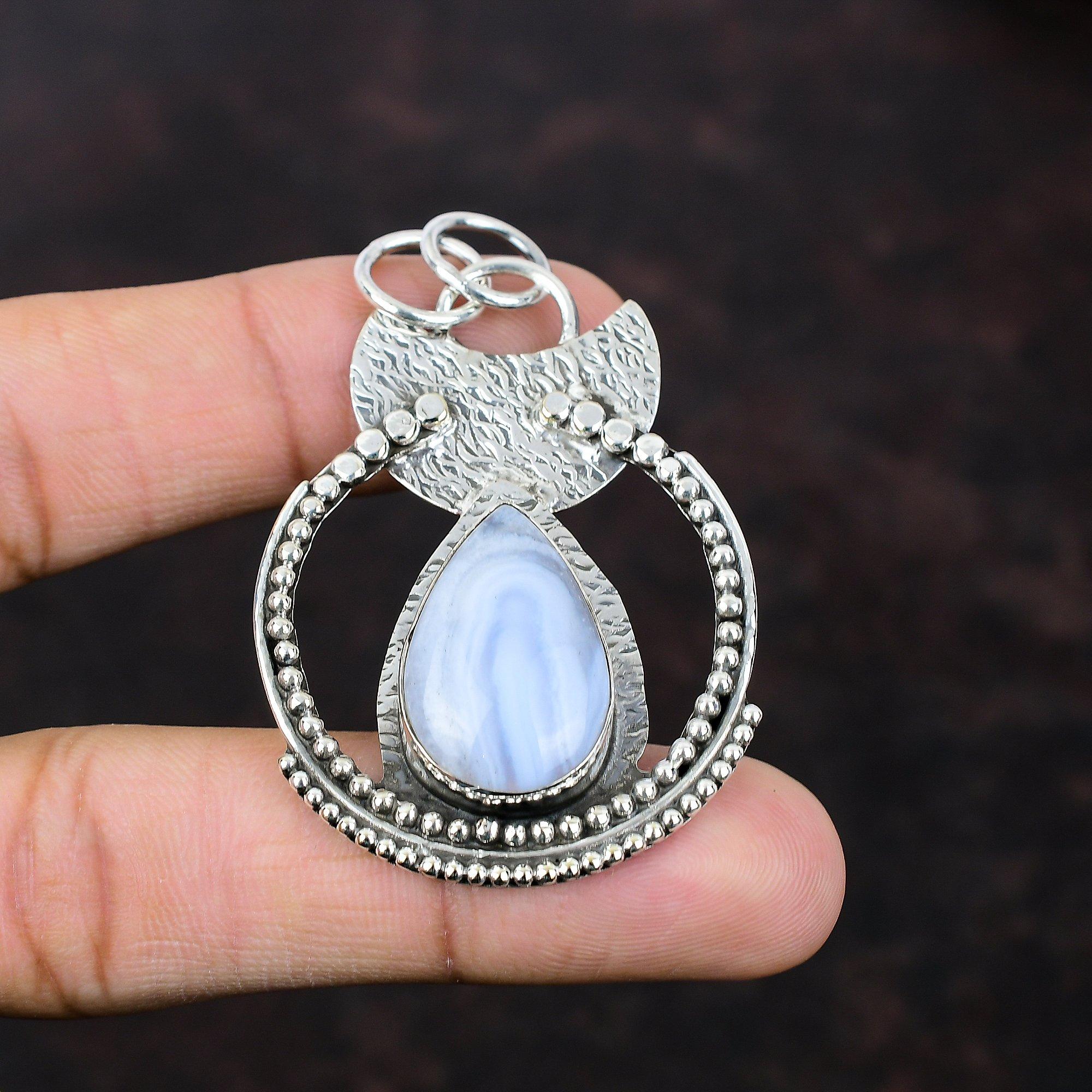 Blue Lace Agate Pendant 925 Sterling Silver Pendant Handmade Brand New Jewelry Dainty Gemstone Pendant Healing Stone Jewelry Gift For Mother