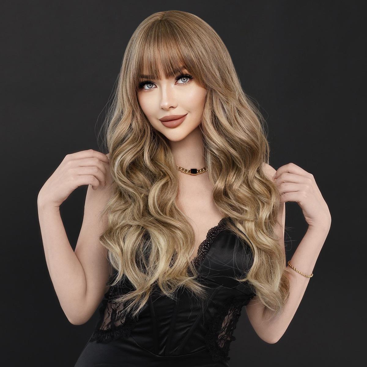 Women's Simulation Wig 68cm Hair Brown Wig Long Curly Wig Full Headgear Rose Hair Net Headdress Beauty Decoration Wig