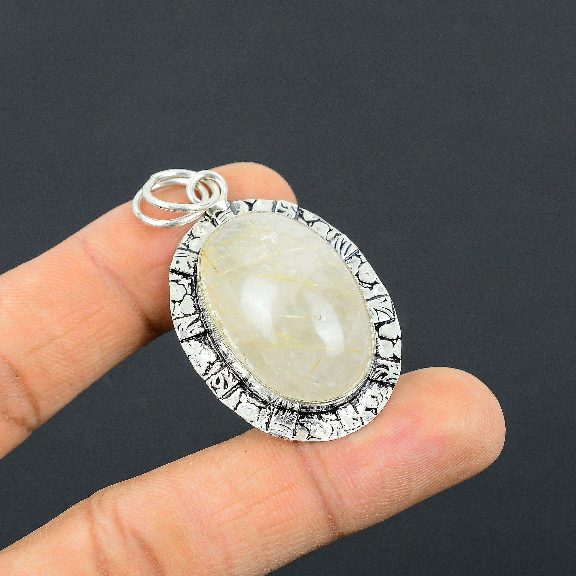 Cadeau d'anniversaire pour elle Pendentif Pierre Précieuse Rutile Doré Naturel Argent 925