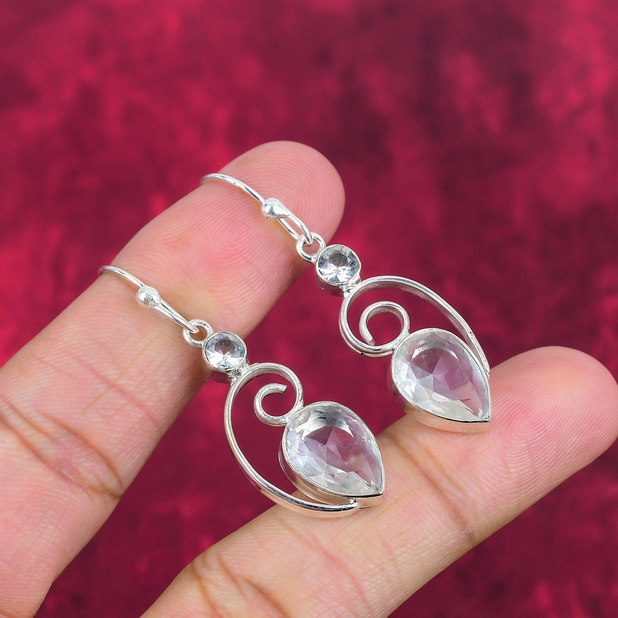 Boucles d'oreilles en argent sterling massif 925 avec topaze blanche, bijoux en pierres précieuses faits à la main pour le Memorial Day