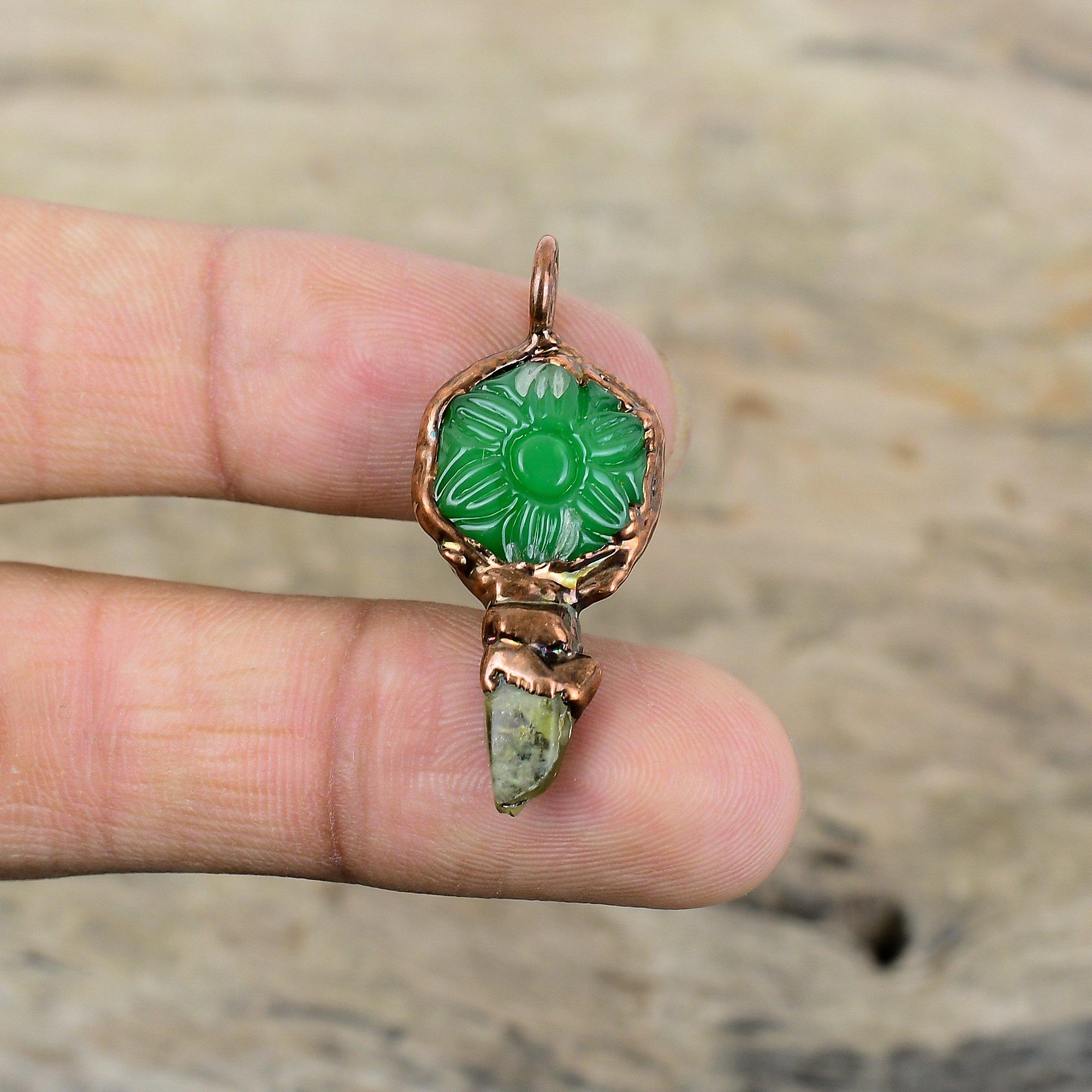 Carved Green Onyx Pendant Electroformed Copper Pendant Green Tourmaline Rough Gemstone Pendant Electroformed Jewelry Handmade Decent Pendant