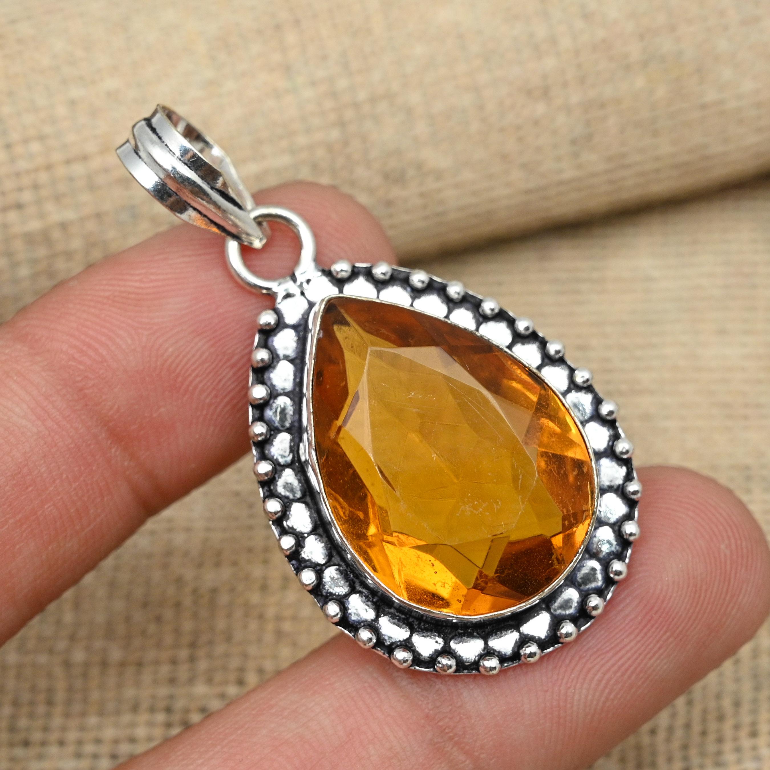 925 Sterling Silver Handmade Citrine Gemstone Pendant Jewelry Birthday's Gift For Her