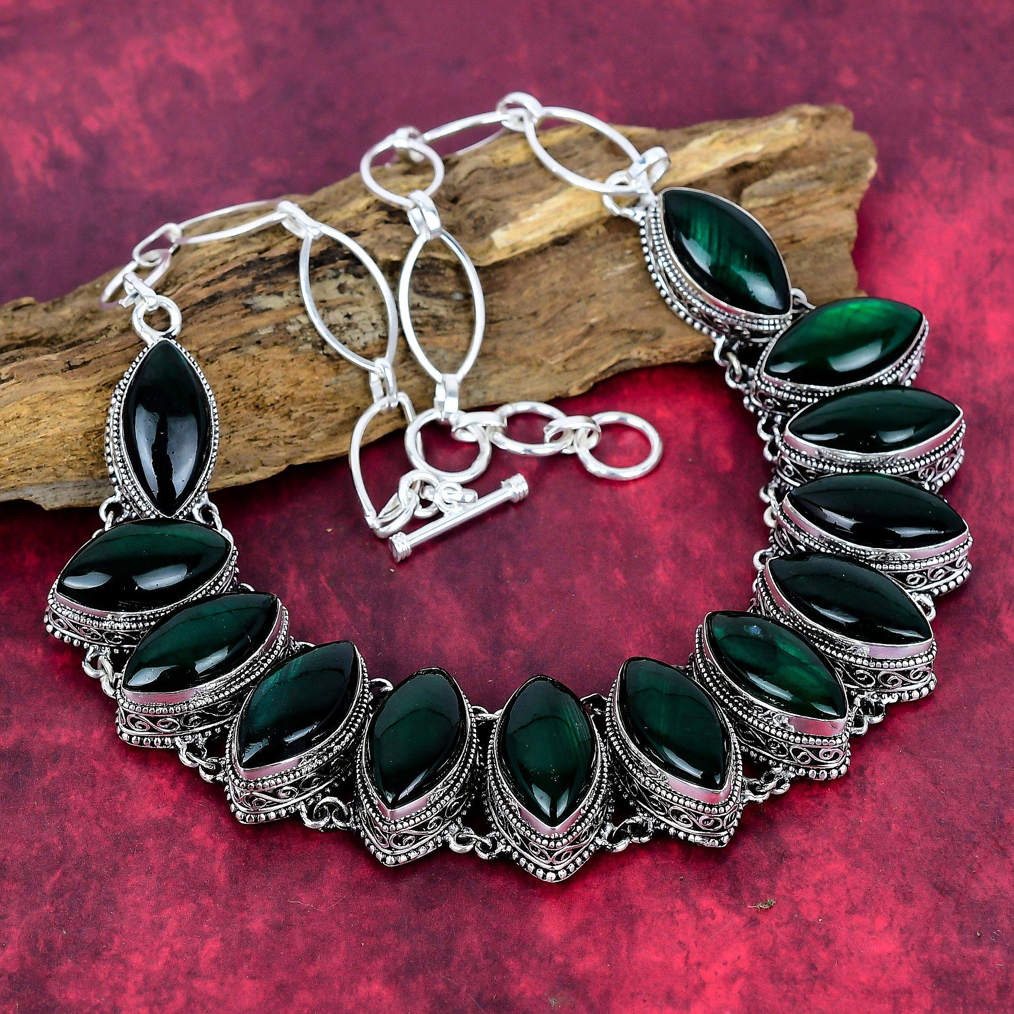 Green Flash Labradorite Handmade Gemstone Necklace, 925 Solid Sterling Silver Necklace Antique Jewelry, Adjustable Chain Necklace Engagement Gift