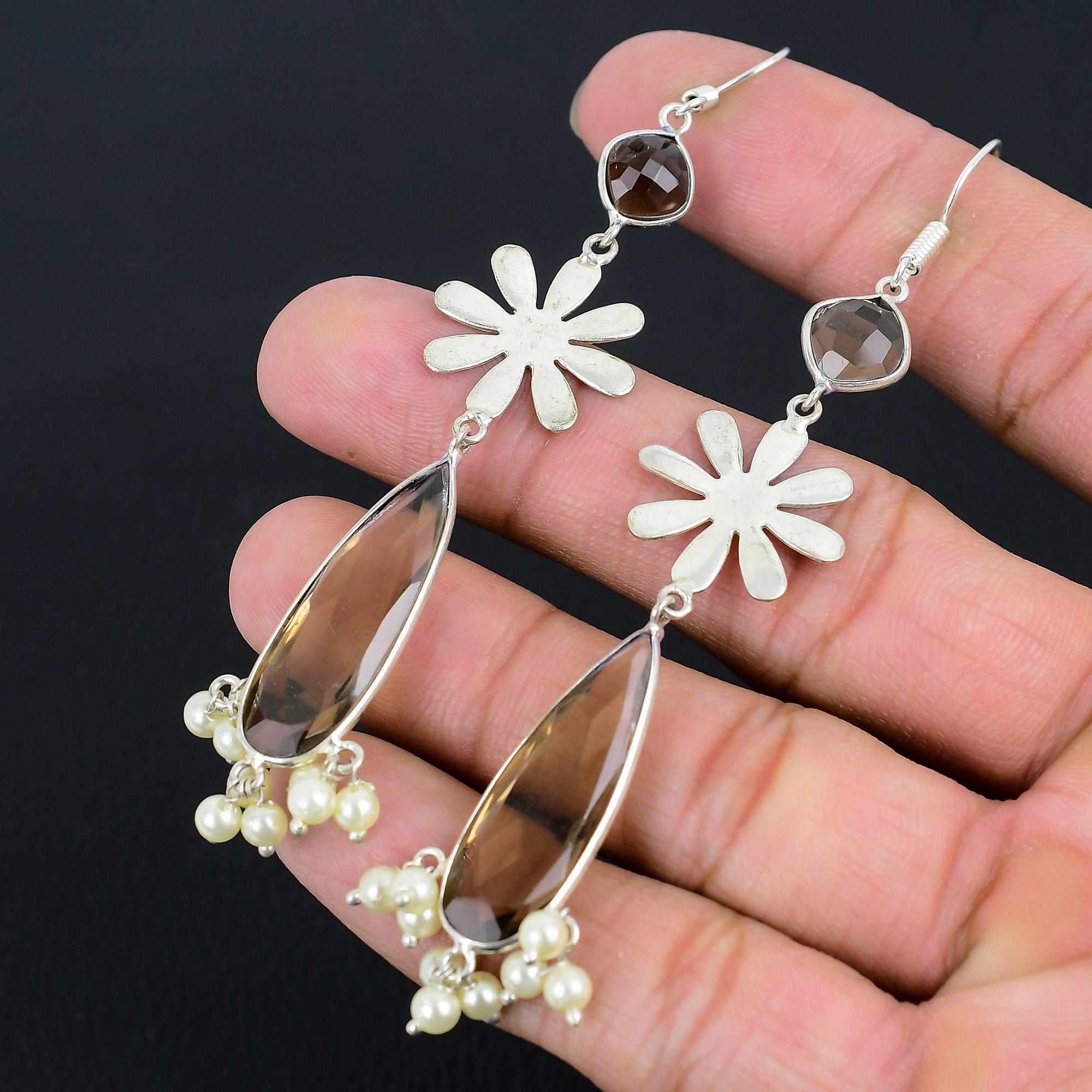 925 Silver Smokey Quartz Gemstone New Dangle Mother Root Chakra Wedding Earrings
