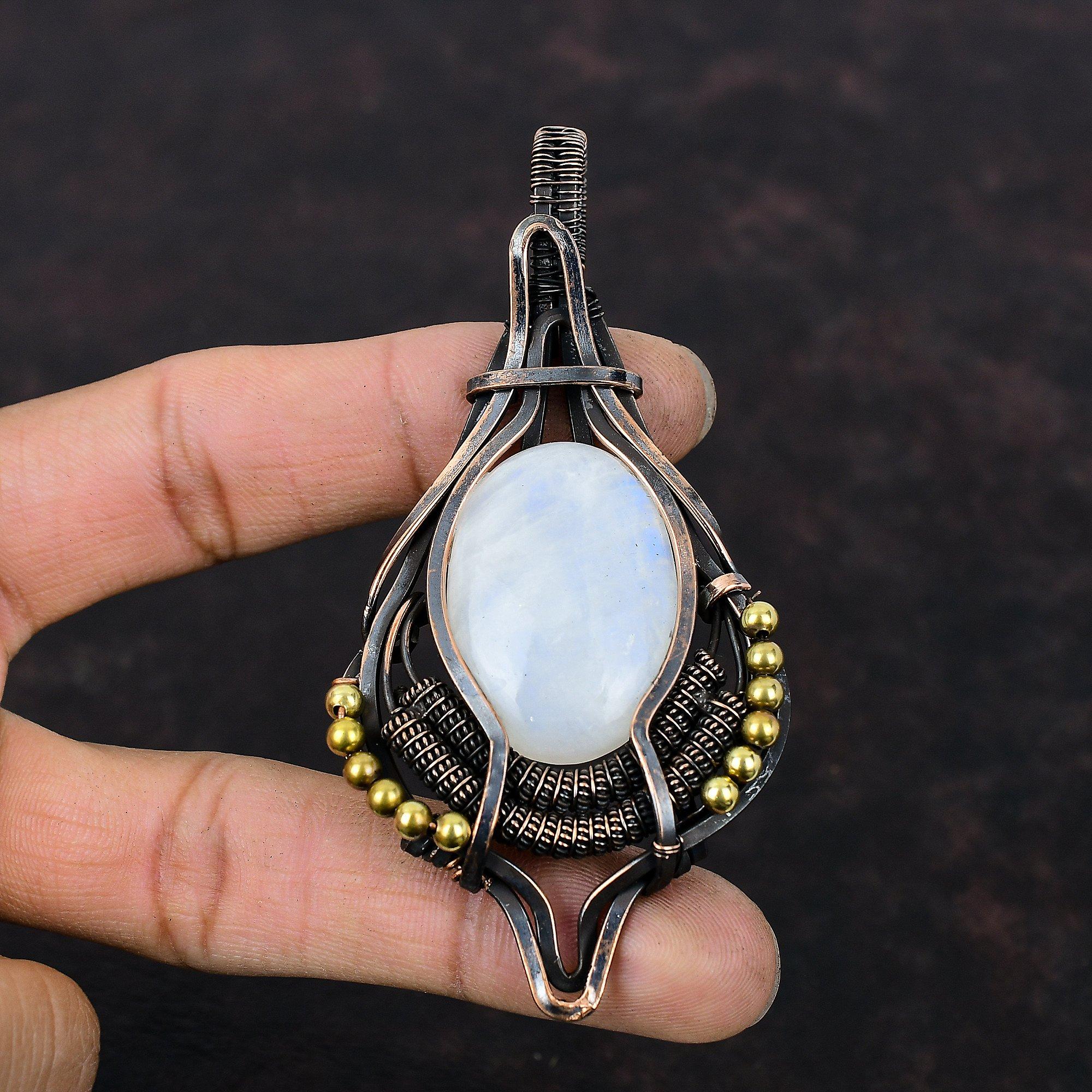 Rainbow Moonstone Copper Pendant Copper Wire Wrapped Jewelry Natural Gemstone Pendant Copper Wire Wrap Pendant Handmade Jewelry Gift For Her