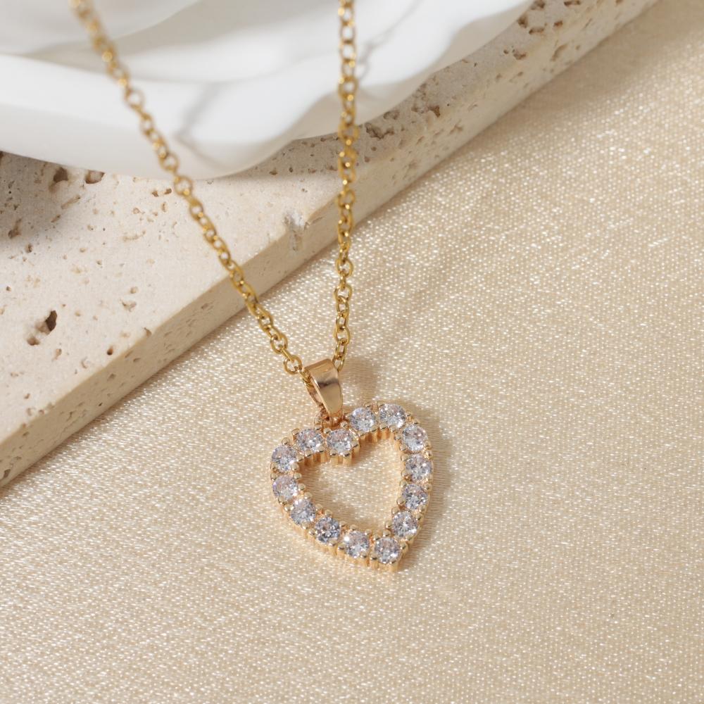 Sparkling Heart Zirconia Necklace, Golden Plated Chain, Bridal Jewelry for Wedding & Party