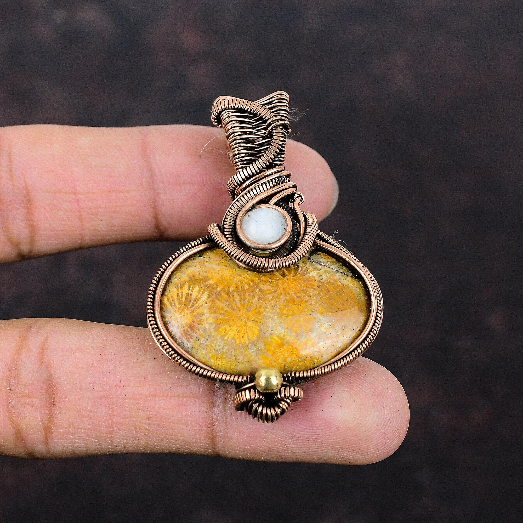 Fossil Coral Pendant Copper Wire Wrapped Pendant Moonstone Gemstone Pendant Copper Jewelry Handmade Boho Pendant Wire Wrap Jewelry For Gift