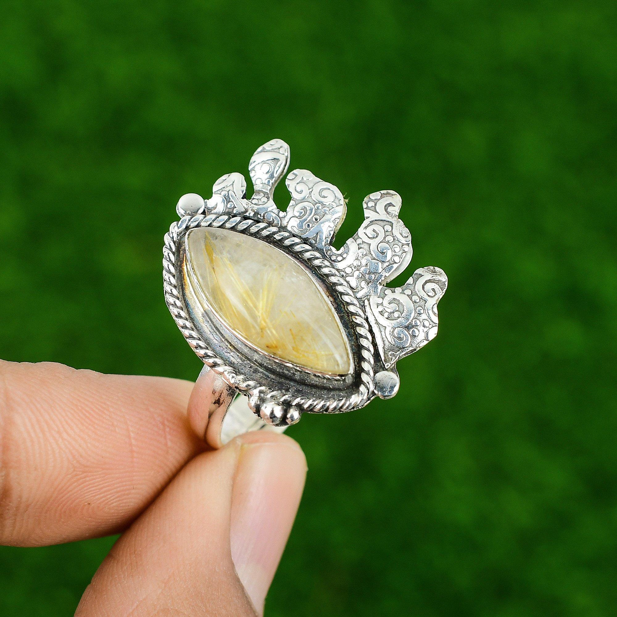 Mothers day Deal 925 Silver Marquise Golden Rutile Stone Engagement Ring Jewelry