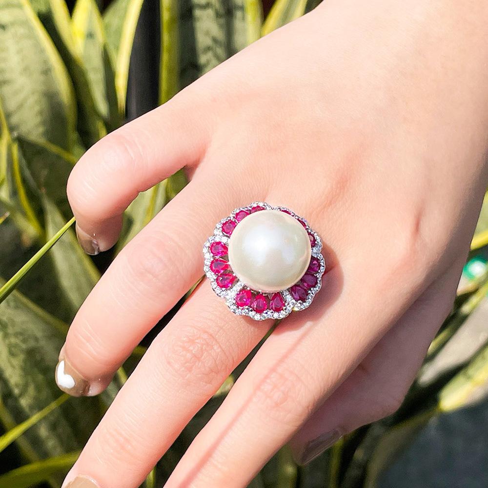 CMM Bijoux Belle Chic Rouge Zircon Cubique Fleur Ronde Chunky Grande Bague De Perle Artificielle Réglable pour Les Femmes Party Wear Bijoux