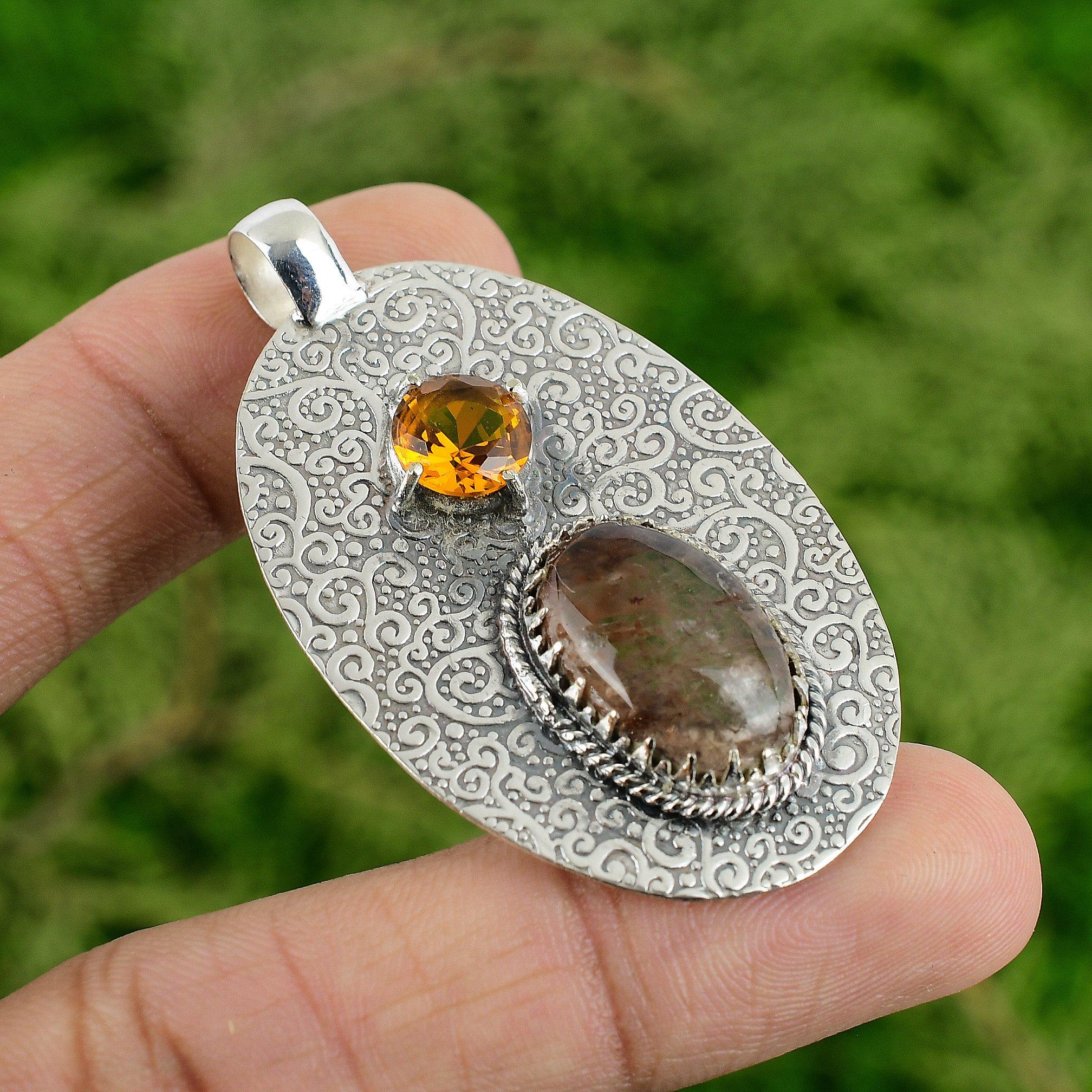 Daughters Day Sale Natural Elestial Quartz Citrine Pendant Jewelry 925 Silver
