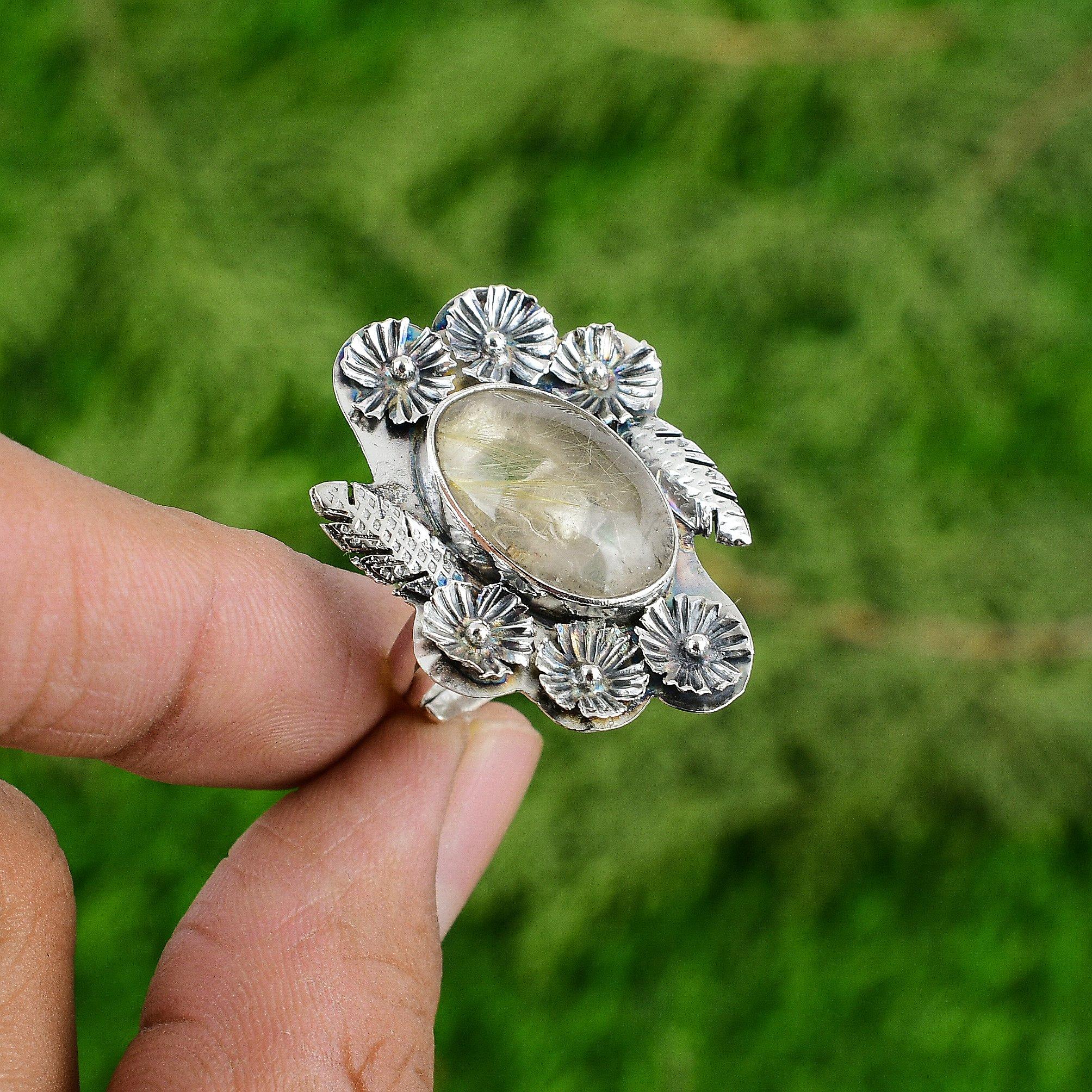 Gift For Her 925 Silver Natural Golden Rutile Promise Flower Adjustable Ring