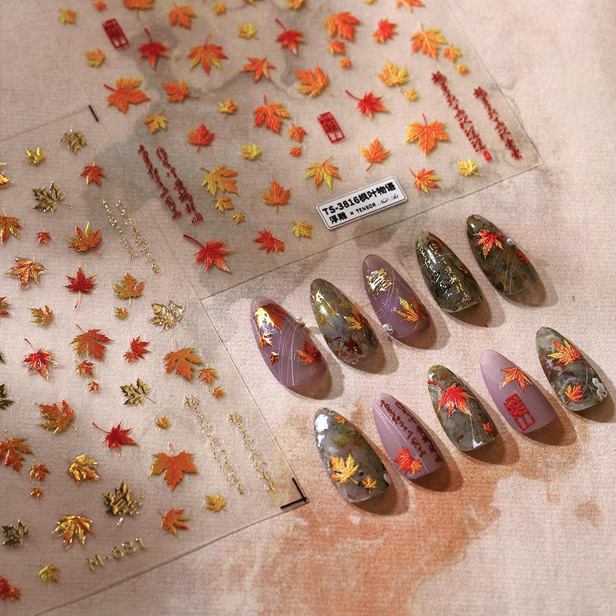 Autocollants adhésifs pour ongles en relief 5D brillants dorés en forme de feuille d'érable d'automne, décalcomanies pour manucure, magnifiques ornements, fournisseur