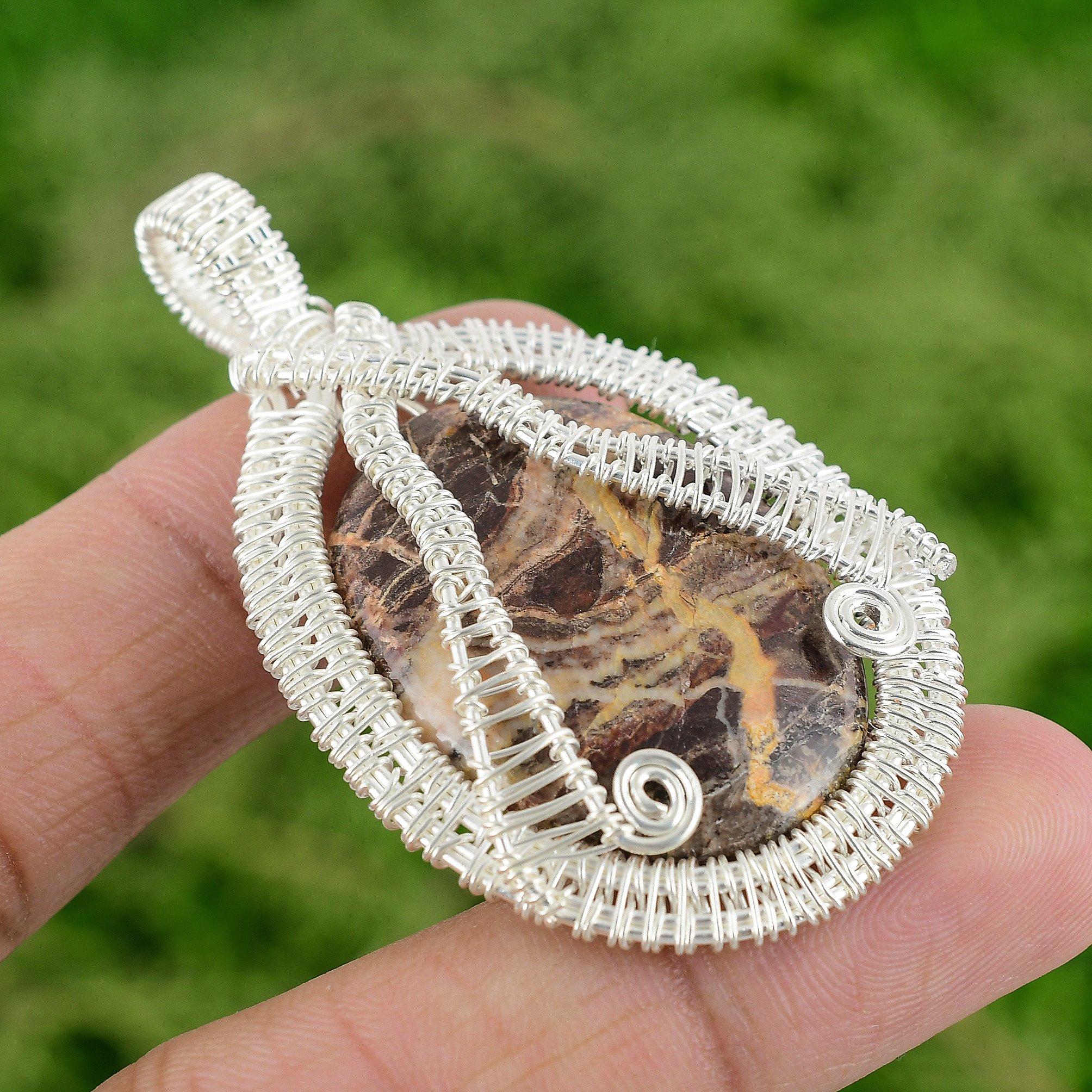 Daughters Day Sale 925 Silver Coconut Jasper Stone Wire Wrapping Sister Pendant