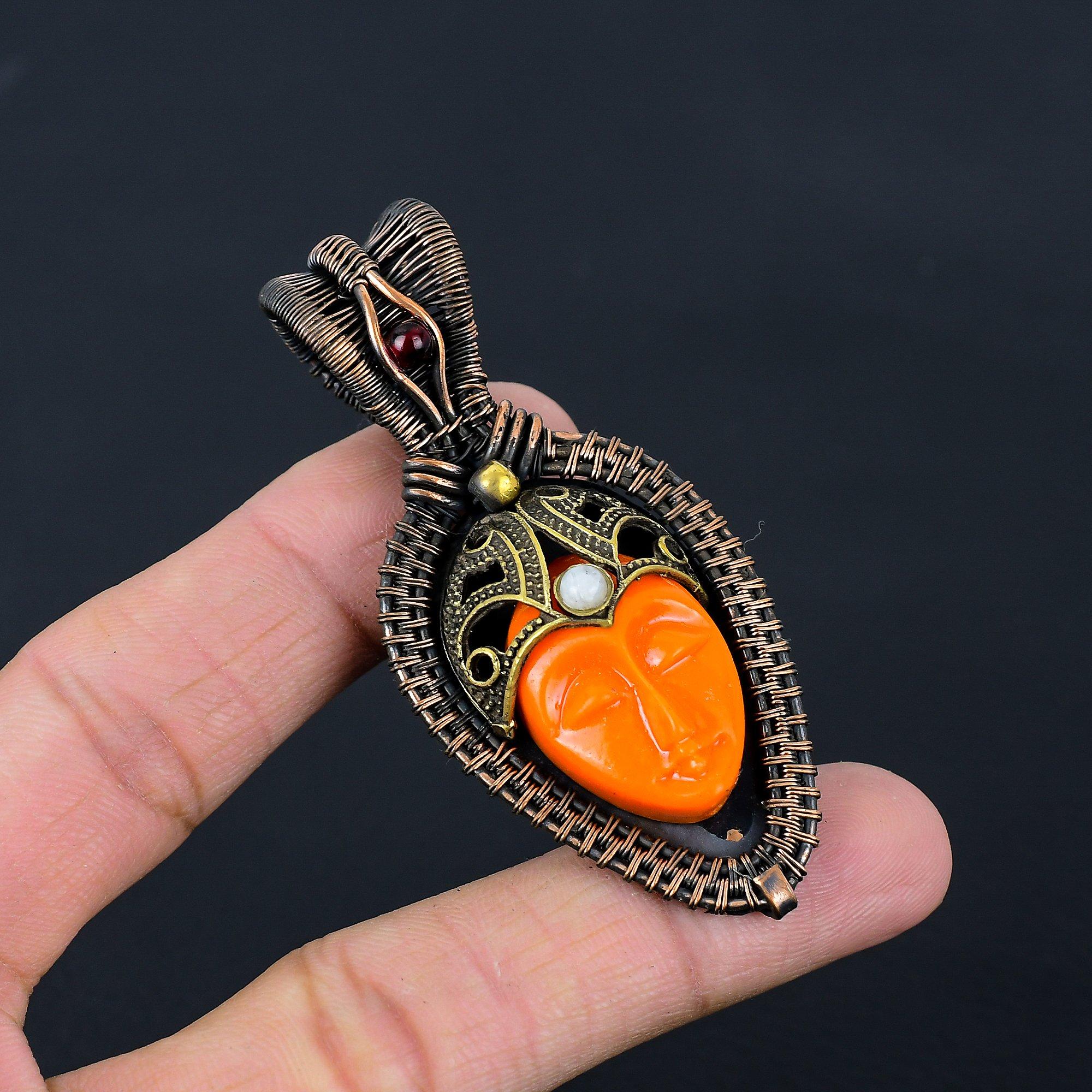 Orange Carved Bone Face & Moonstone Gemstone Pure Copper Wire Wrap Handmade Jewelry Pendant
