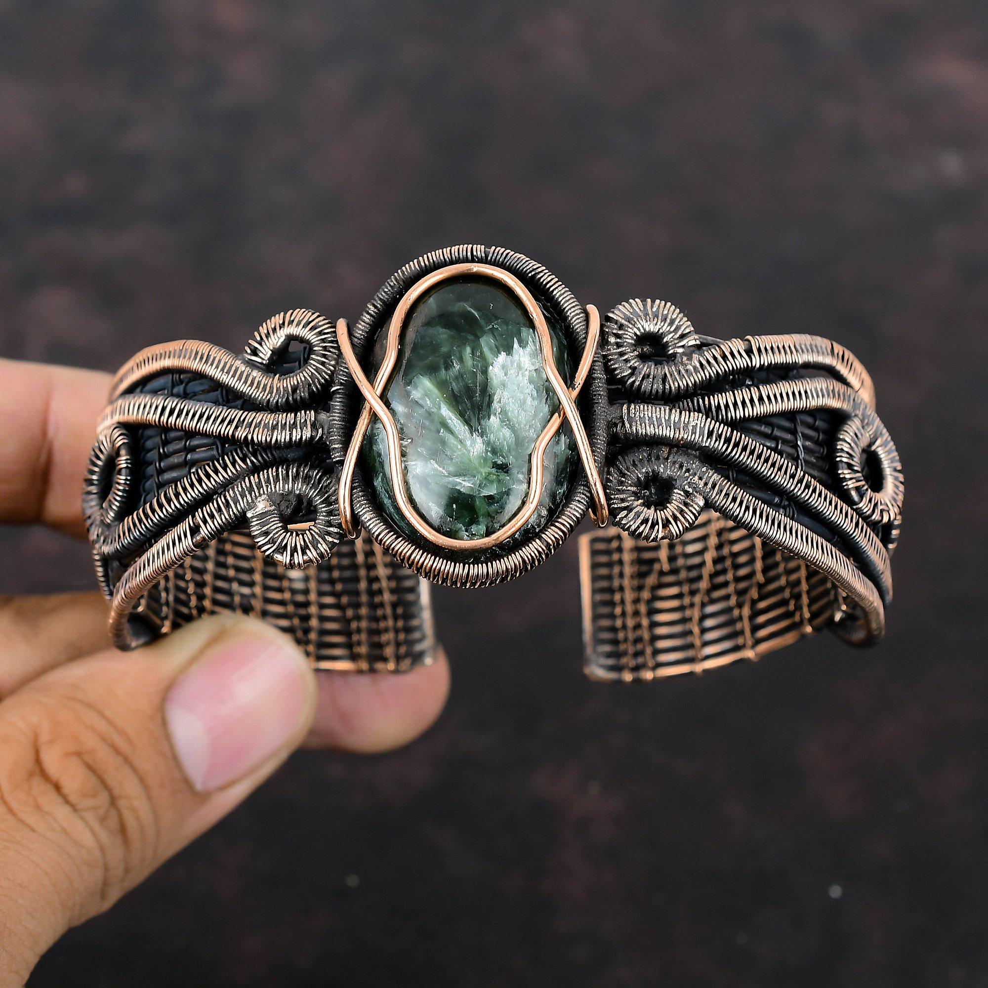 Seraphinite Cuff Bracelet Copper Wire Wrapped Bangle Beautiful Gemstone Jewelry Handmade Copper Cuff Bracelet Gift For Her Adjustable Bangle
