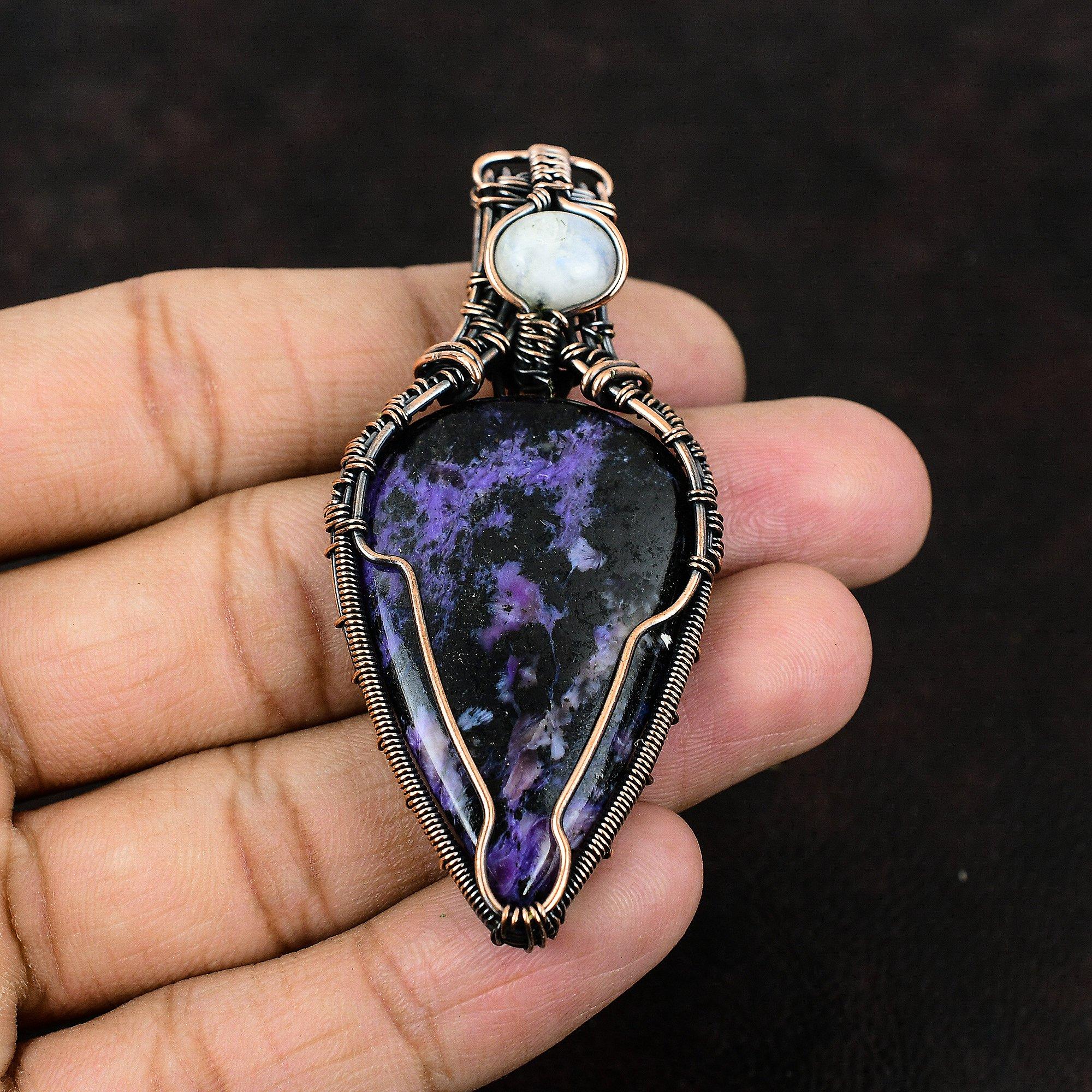 Charoite Copper Wire Wrapped Pendant Gemstone Jewelry Handmade Brand New Pendant Rainbow Moonstone Jewelry Gift For Mother Charoite Jewelry