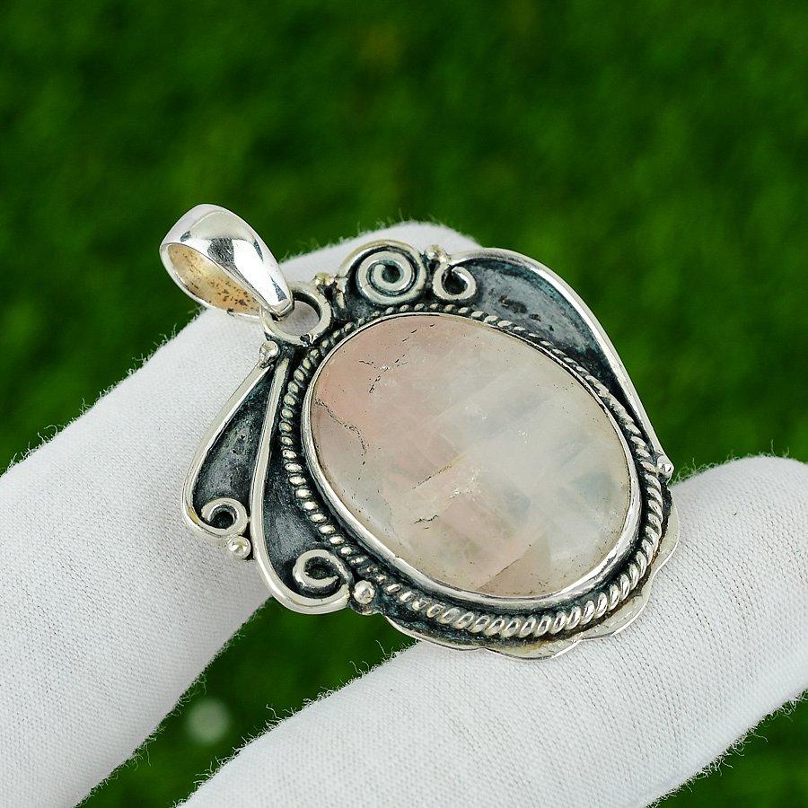 Anniversary Gift For Her Natural Rose Quartz Gemstone Pendant 925 Silver
