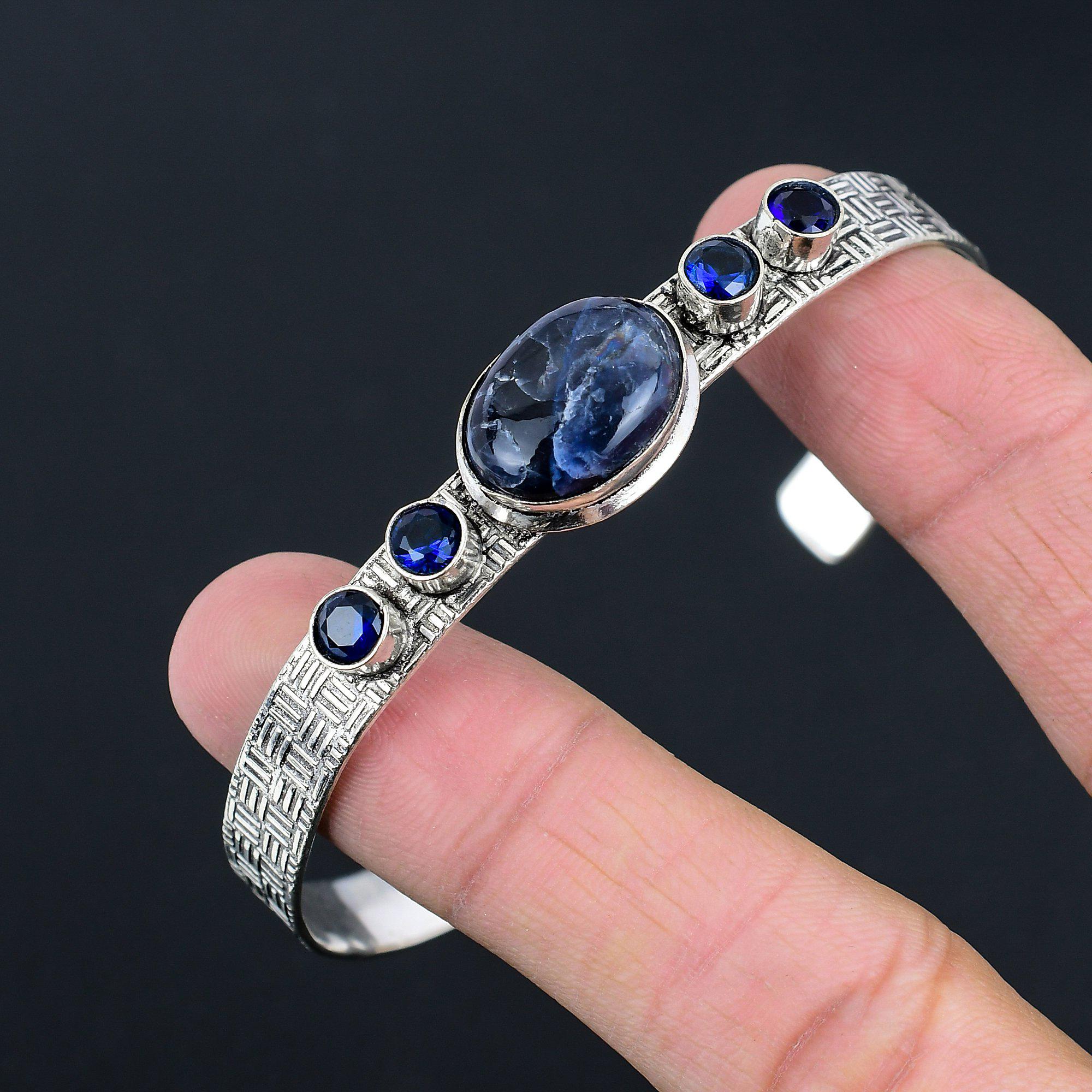 Bracelet Jonc Bohème Ovale en Argent Sterling 925 Pierre Sodalite Topaze Bleue Mère