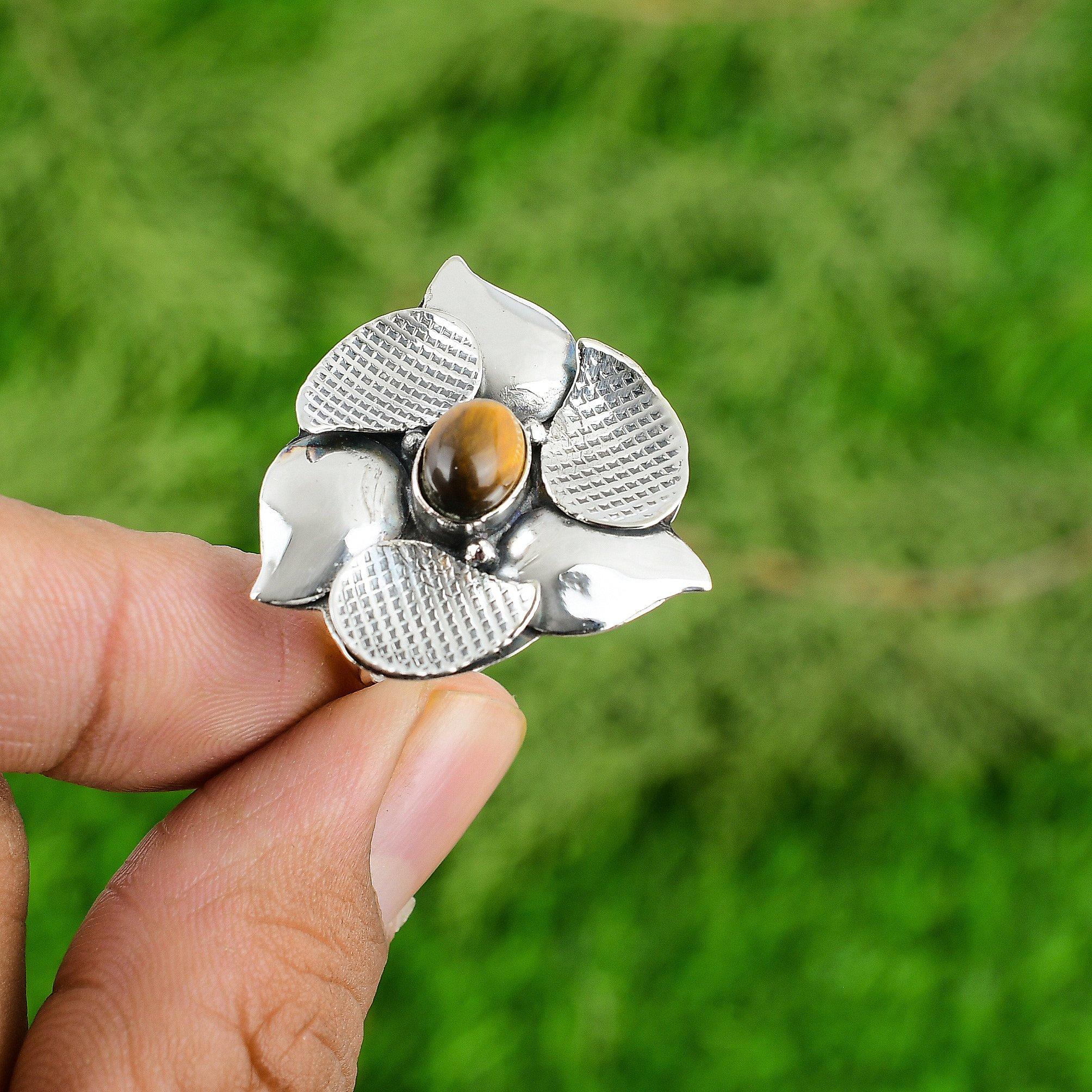 Gift For Her 925 Silver Natural TigerS Eye Stackable Flower Adjustable Ring