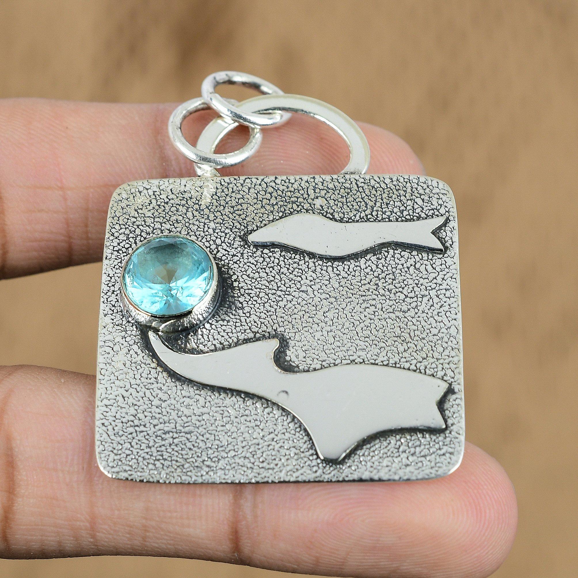 Natural Swiss Blue Topaz Gemstone Pendant 925 Sterling Silver Indian Jewelry