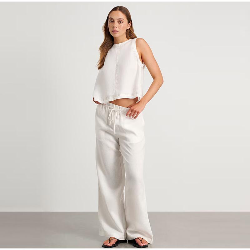 Cotton Linen Vest Pants Set Women's Outfit Solid Color Wide Leg Long Pants Sleeveless Top Casual Suit 2025 Spring Summer New Pant Sets