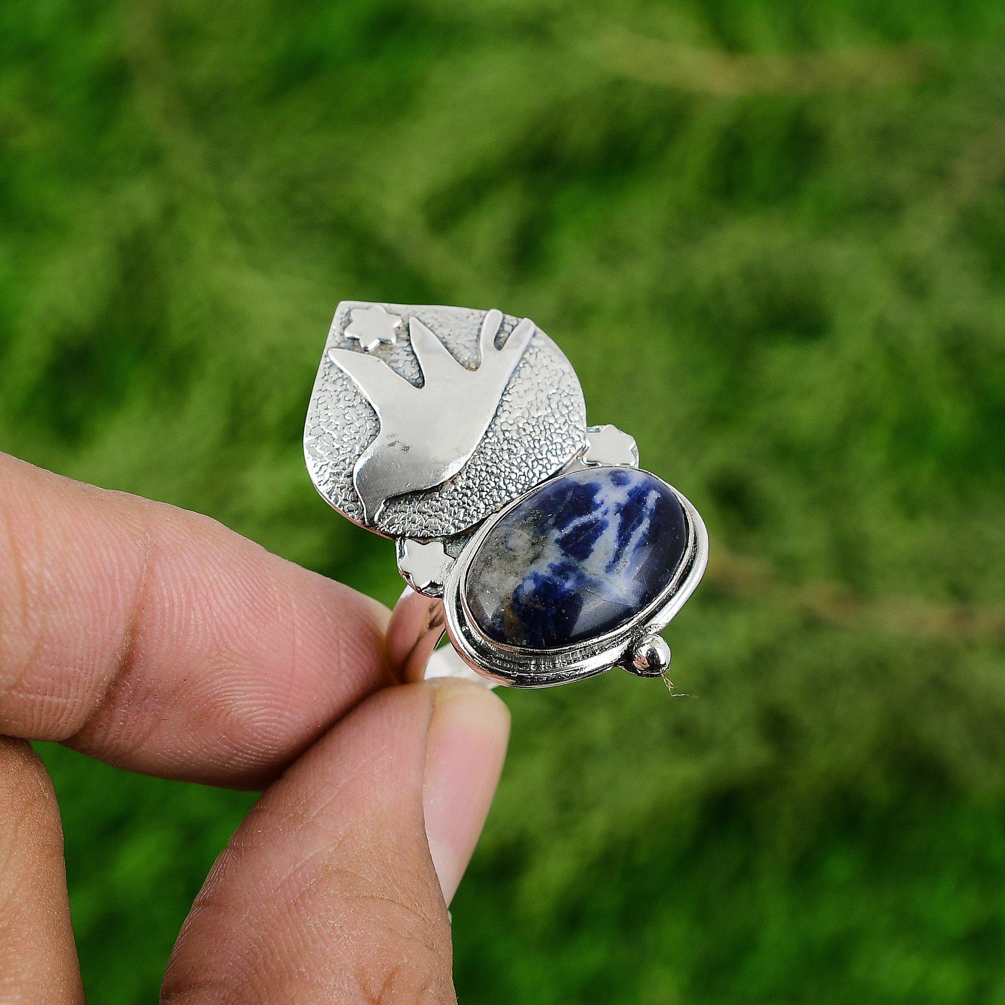 Womens day Deal Natural Sodalite 925 Silver Promise Bird Daughter Ring Jewelry