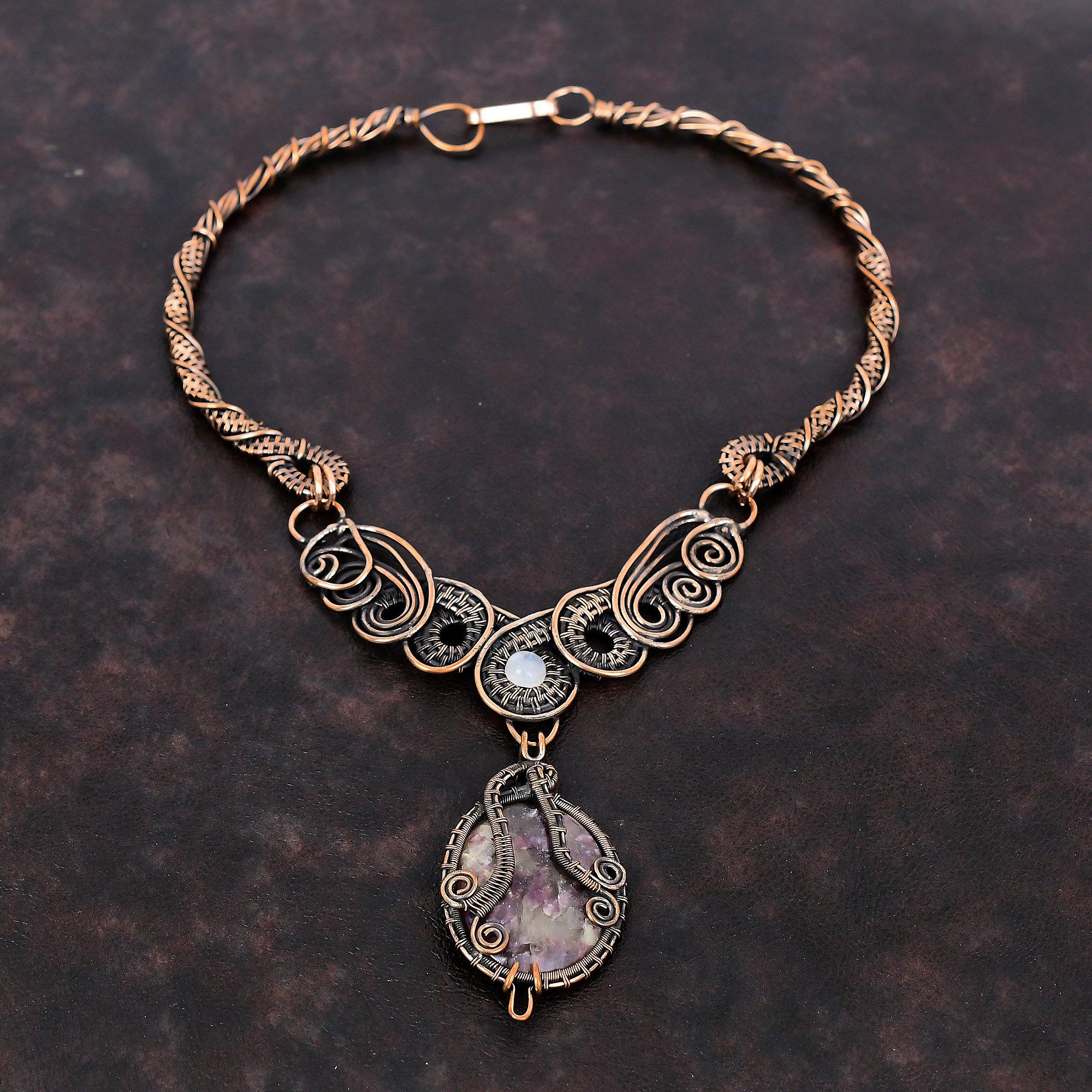 Collier Tourmaline Rose Collier Enveloppé de Fil de Cuivre Collier Pierre de Lune Arc-en-ciel Collier Pierre Précieuse Bijoux en Cuivre Faits Main Cadeau de Fiançailles