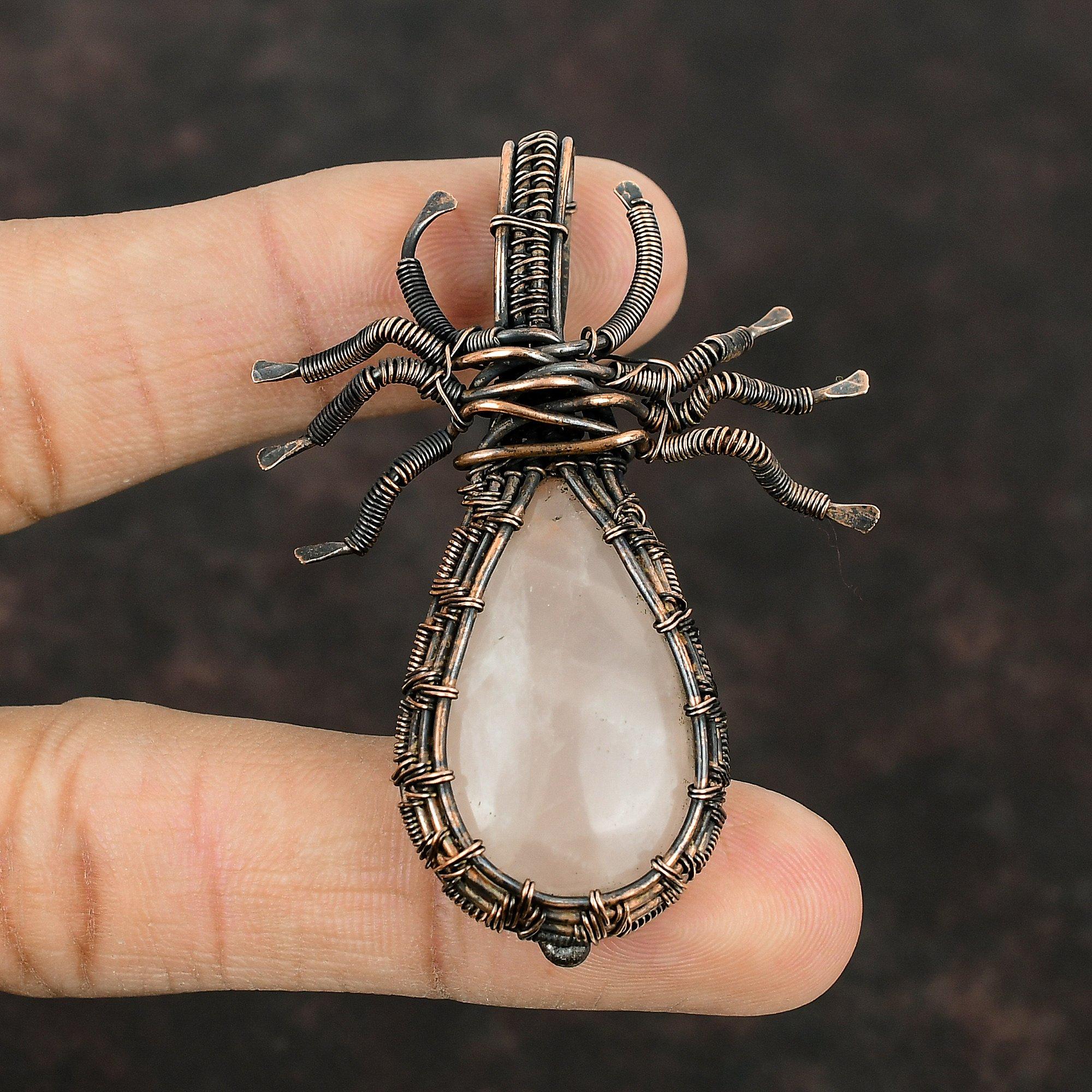 Rose Quartz Copper Pendant Copper Wire Wrapped Jewelry Handmade Spider Pendant Gemstone Copper Pendant Gift For Mother Wire Wrapped Pendant