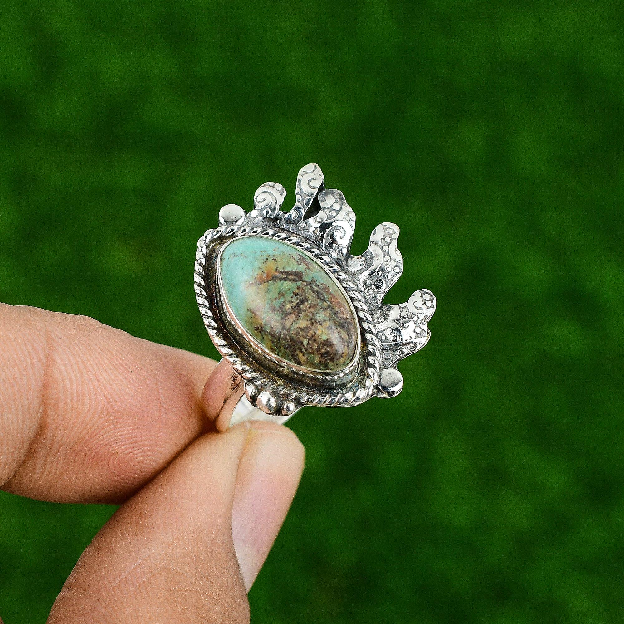 Natural Tibetan Turquoise Gemstone 925 Silver Promise Adjustable Ring For Women