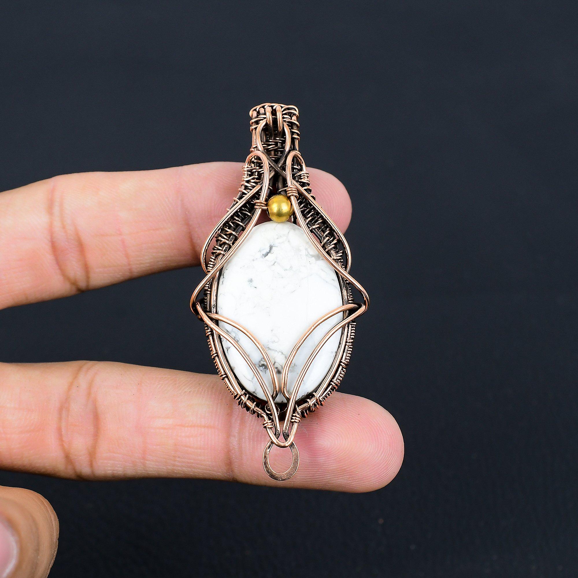 Howlite Gemstone Handmade Pure Copper Wire Wrapped Pendant Jewelry For Thanksgiving