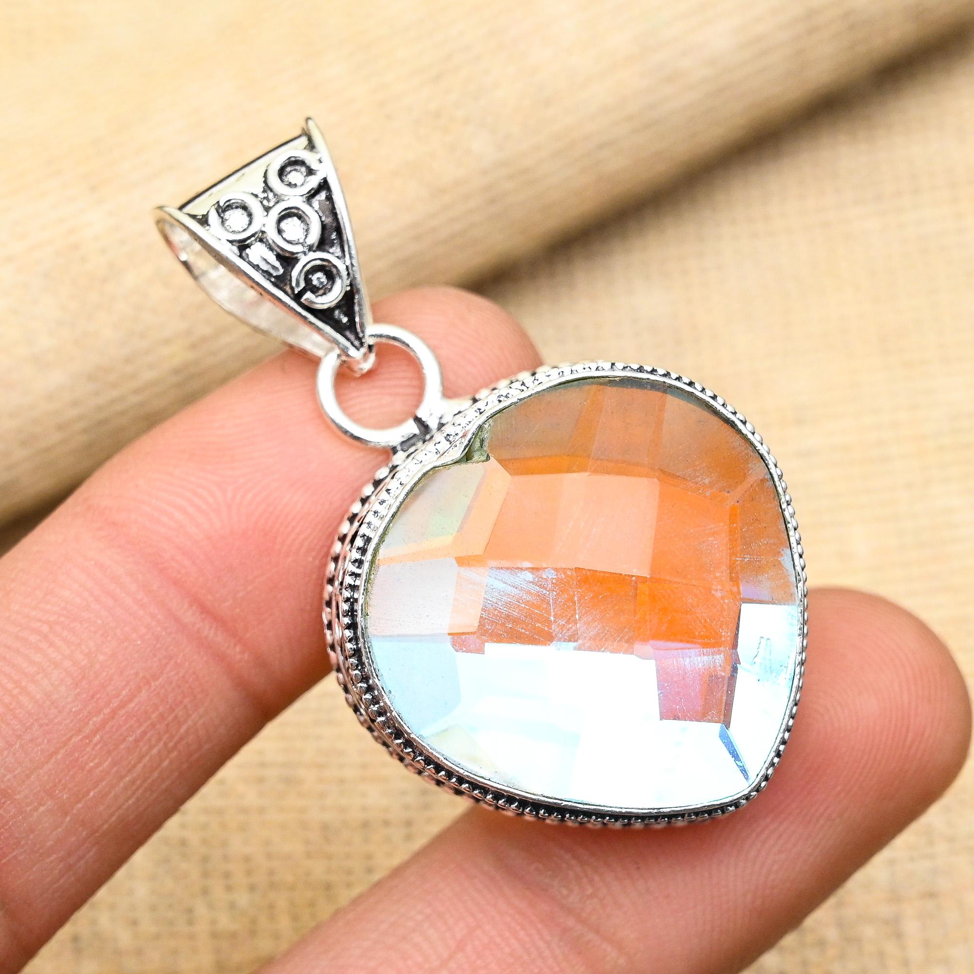 Fantastisk Regnbågsmystisk Topas Ädelsten Handgjord 925 Sterlingsilver Smycke Hänge För Hennes