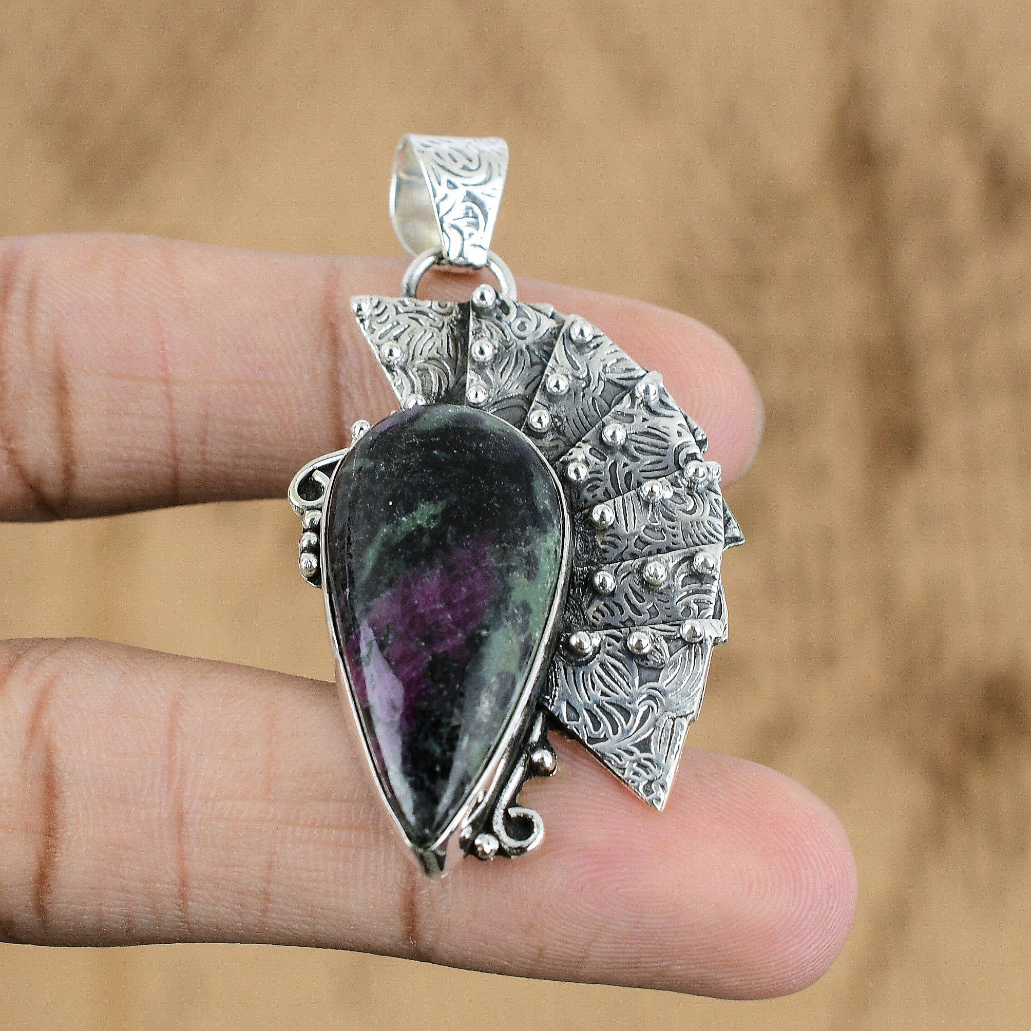 Gift For Her 925 Sterling Silver Natural Ruby Zoisite Gemstone Jewelry Pendant